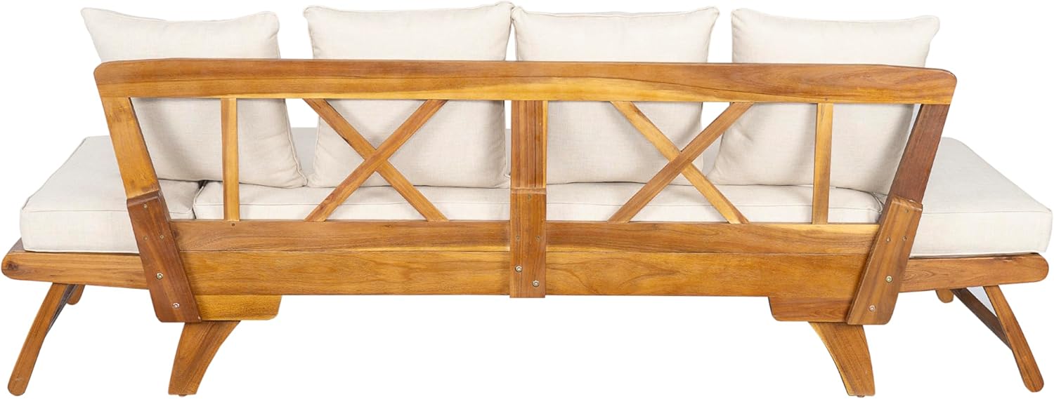 Outdoor Patio Daybed Sofa, 3-Seat Sofa with Foldable Arm & 4 Back Pillows – Teak Acacia Wood Frame, Beige Removable Cushions, Classic Coastal Style, Durable, Ideal for Small Spaces/Living Rooms