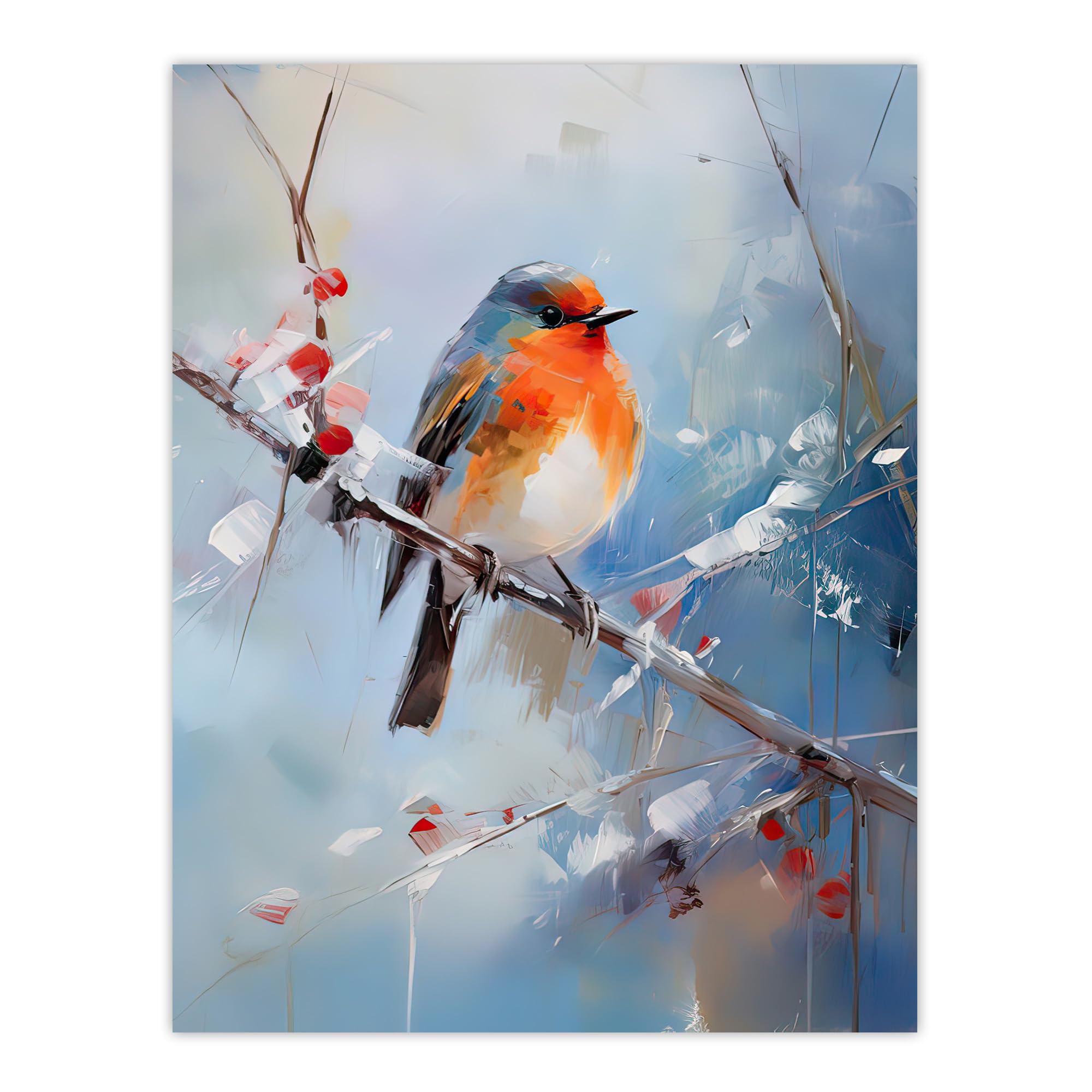Winter Robin Bird on Tree Branch Oil Painting Wall Art Poster Print Picture