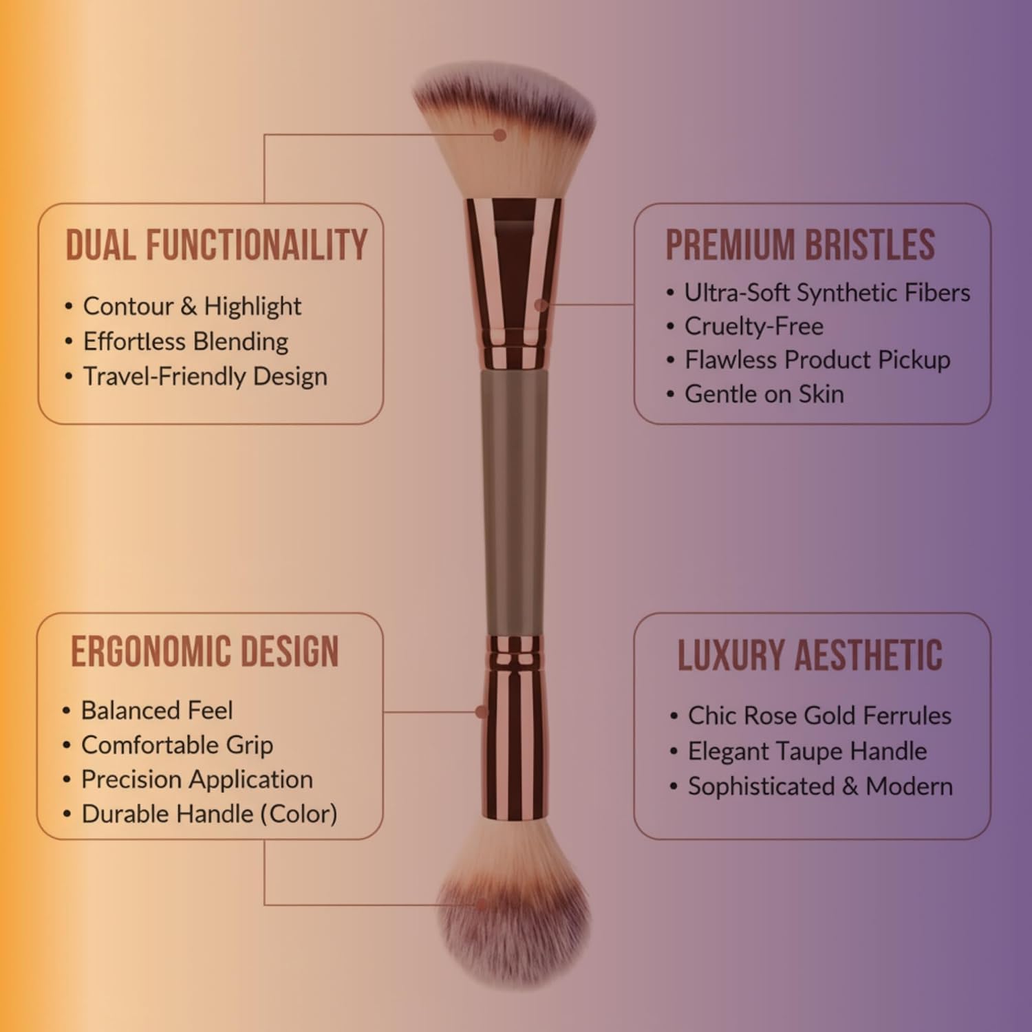 Dual-Ended Makeup Brush – Foundation & Blush & Contour – Soft Premium Synthetic Bristles, No Shedding, Professional & Beginner-Friendly Beauty Tool
