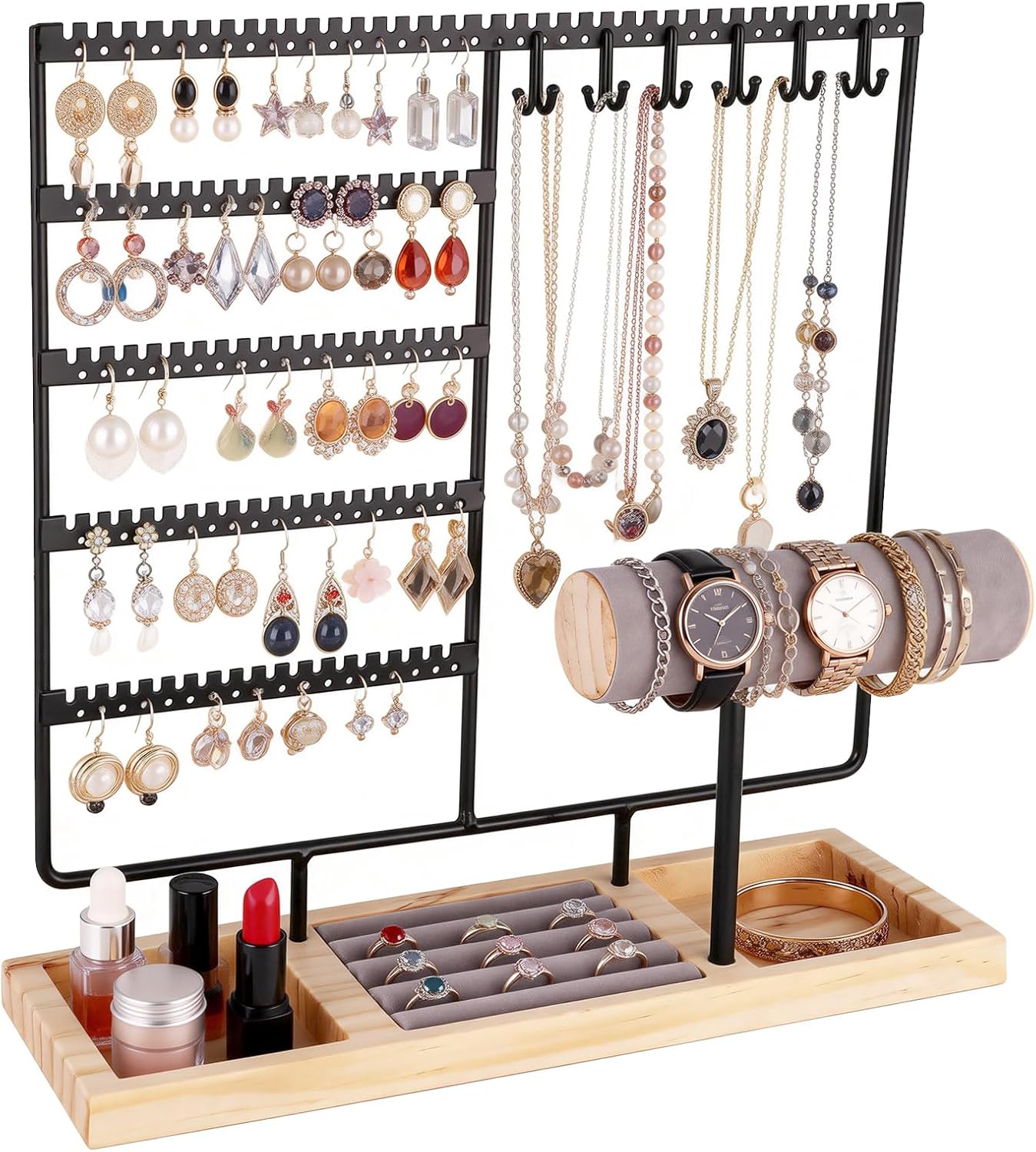 Ciormis 5 Tier Jewelry Holder Organizer, 72 Holes Earring Tree Holder Organizer 12 Hooks Necklace Rack Display Holder with Ring Storage Tray Bracelet Display Holder for Preppy Girl Friend Gift(Black)