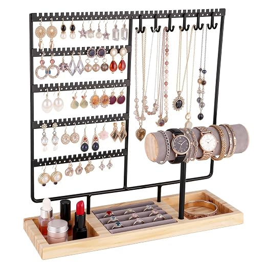Ciormis Jewelry Stand Holder, 5 Tier Earring Holder Organizer with 72 Holes and 12 Hooks Jewelry Tower Necklace Tree Stand Hanger Bracelets Holder Storage with Ring Tray for Women Girls Gift (White)