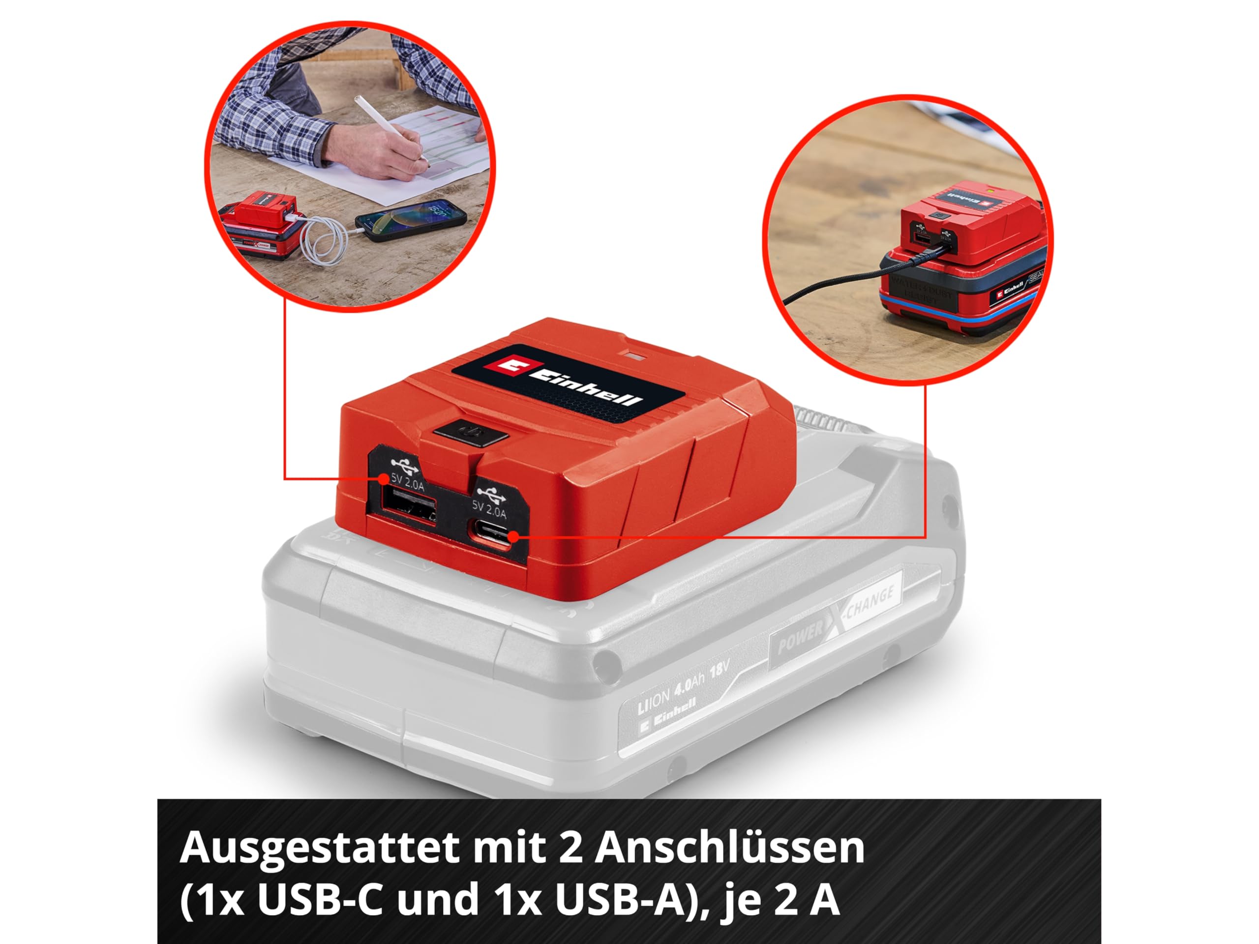 Einhell Adattatore per batteria TC-CP 18 Li con porta USB-A e USB-C X-Change (18 V, ricarica cellulare per smartphone, tablet e simili, senza batteria)