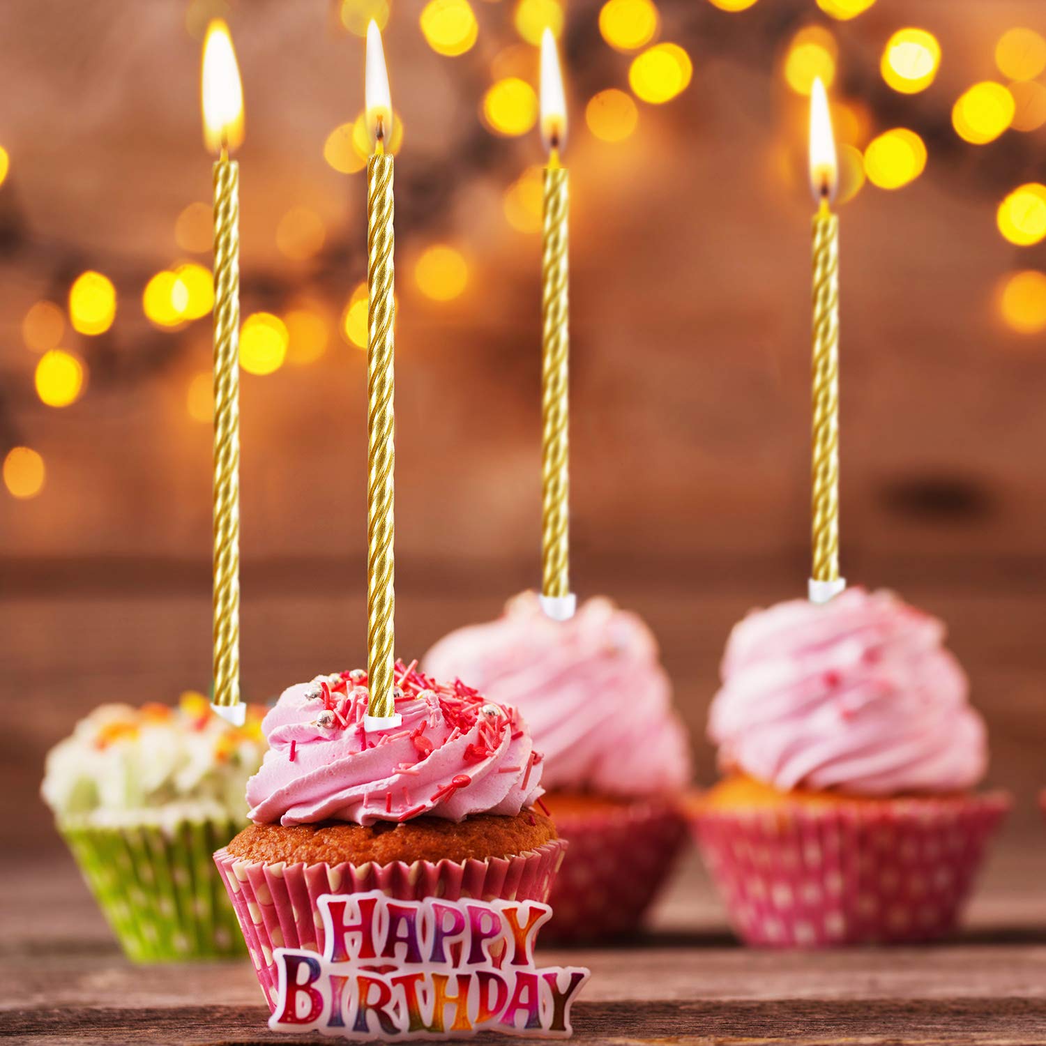 BBTO 30 Stücke Geburtstag Kerzen Spiral Kuchen Kerzen Metallisch Cupcake Kerzen Lange Dünne Kuchen Kerzen in Haltern für Geburtstag Hochzeit Party Kuchen Dekorationen (Gold)