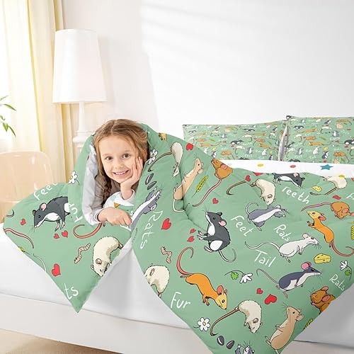 Miniatura 6 de Erosebridal - Juego de funda de edredón con diseño de rata para niños, juego de cama tamaño individual, divertidos diseños de animales con corazón