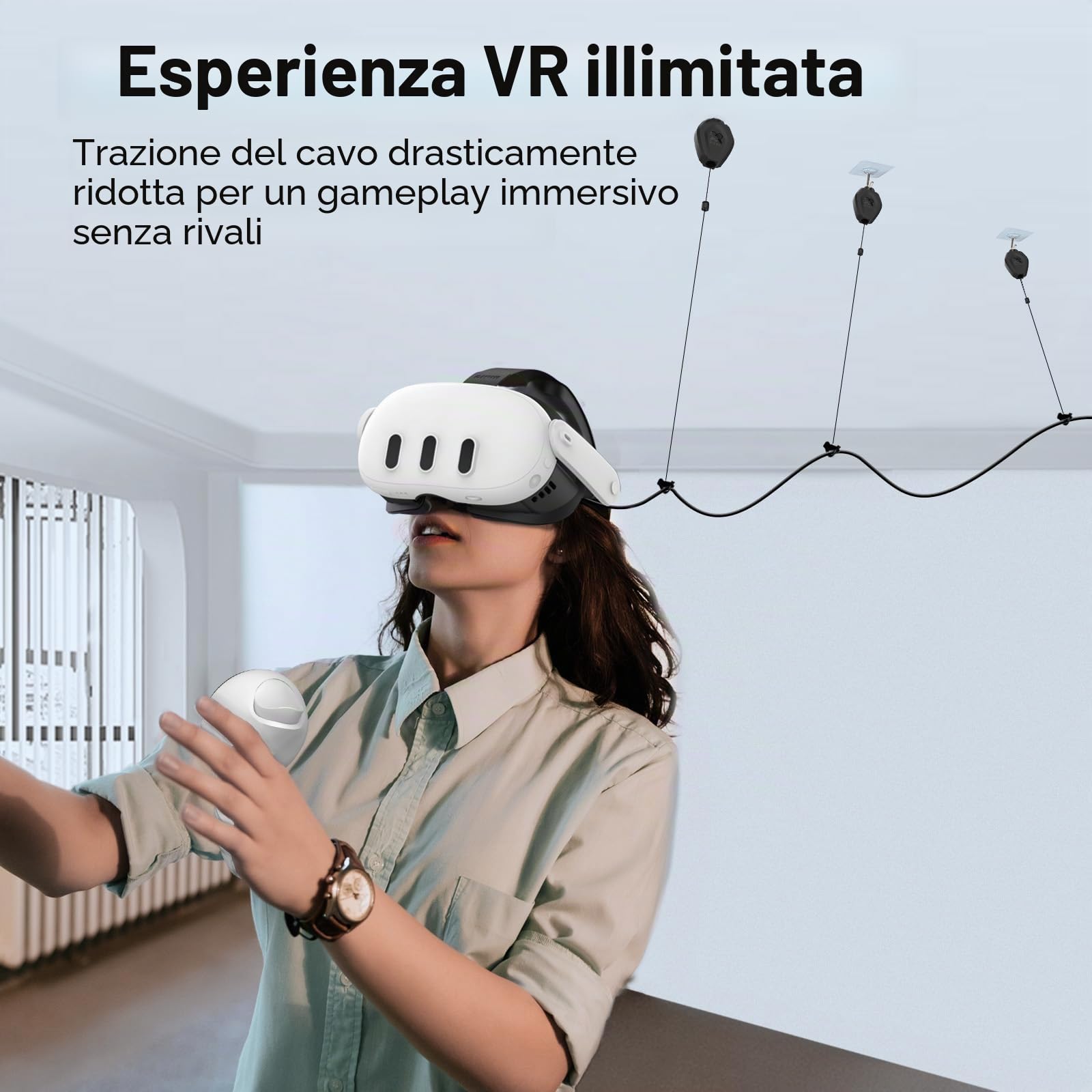 AMVR Gestione cavi VR, 6 confezioni di sistema retrattile a soffitto per Quest 3S/3/2/PSVR/PSVR 2/Rift/Rift S/Valve Index/HTC Vive/Vive Pro/HP Reverb G2/PSVR Link Cable (nero)