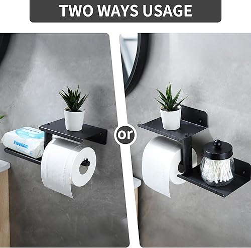 Miniatura 10 de AIDILI Soporte de papel higiénico con estante de madera, soporte para rollo de papel higiénico negro con estante para baño, organizador cálido para