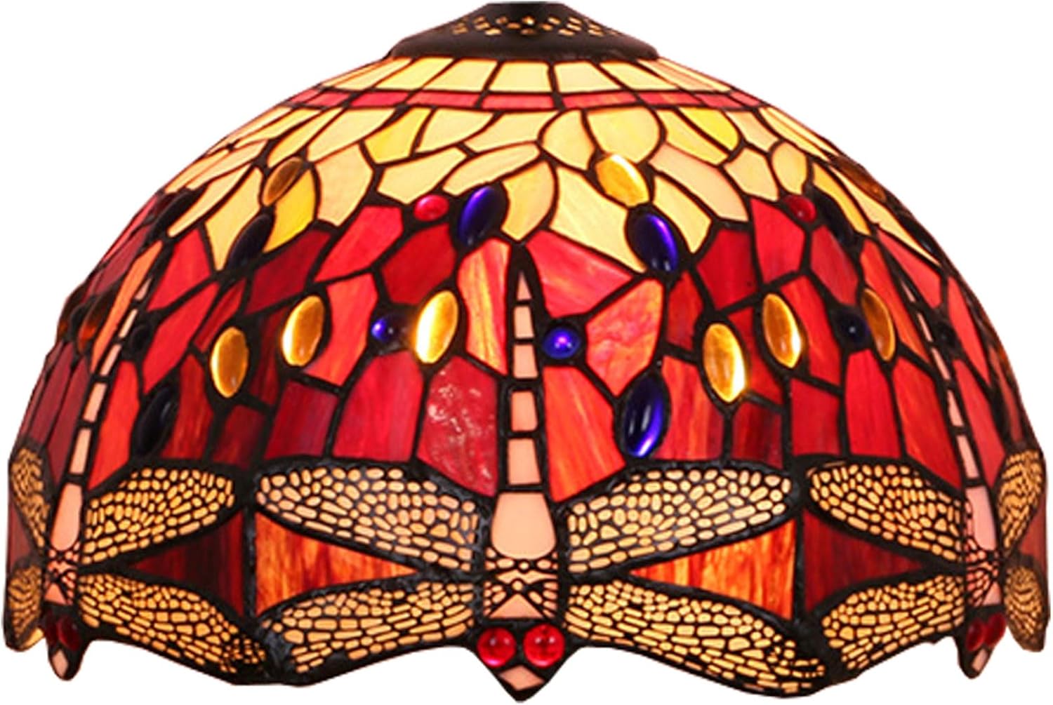 Tiffany Lamp Shade Replacement 12 Inch Red Dragonfly Stained Glass Lampshades Only with Cap Blue Yellow Amber Glass Beads Vintage Light Cover fit for Table lamp Pendant Light Ceiling Fixture