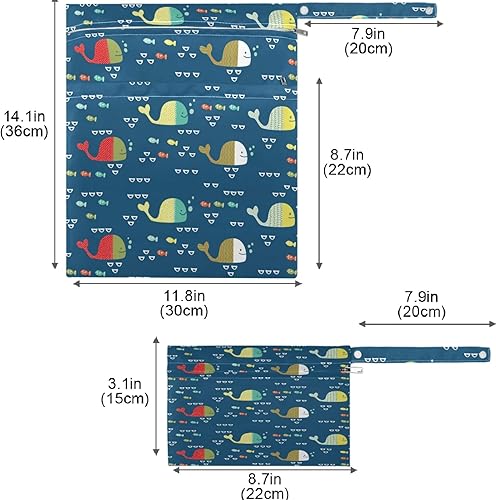 Miniatura 7 de visesunny Bolsa húmeda divertida de ballenas y peces coloridos para niños, 2 piezas, con bolsillos con cremallera, lavable, reutilizable, espaciosa