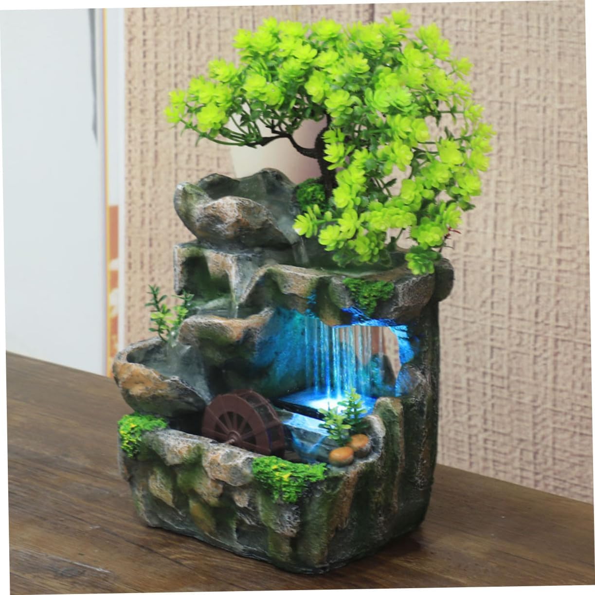 VILLCASE Mini Indoor Water Fountain for Desk Decor Resin Tabletop Waterfall Fountain with US Plug Relaxing Zen Meditation Ornament for Living Office Bedroom and Tearoom