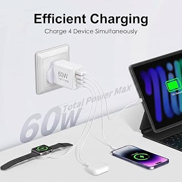 USB C Plug Fast Charger 60W 2pack, 4-Port USBC Fast Chargers UK Plug Dual Port PD Power Adapter QC Multi Mains Wall Charger Type C Charging Head for lPhone 17/16/15/14 13/12/11 Pro Max Plus XS XR SE