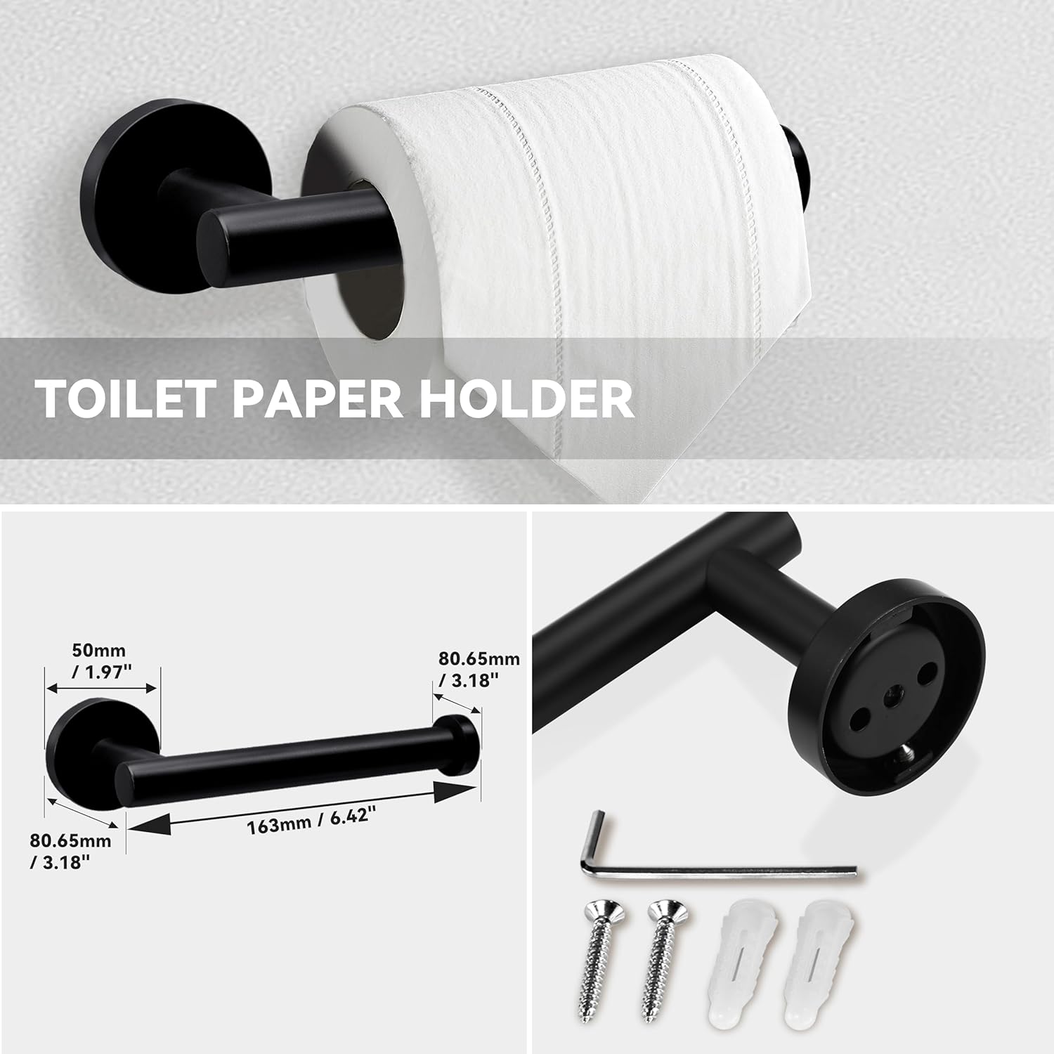 SEIDO 4-Piece Black Hardware Bathroom Accessories Set - SUS 304 Stainless Steel Bath Towel Bar Set - 24 Inch Double Towel Bar with Rounded Design, Toilet Paper Holder & 2 Hooks, No Assembly Needed