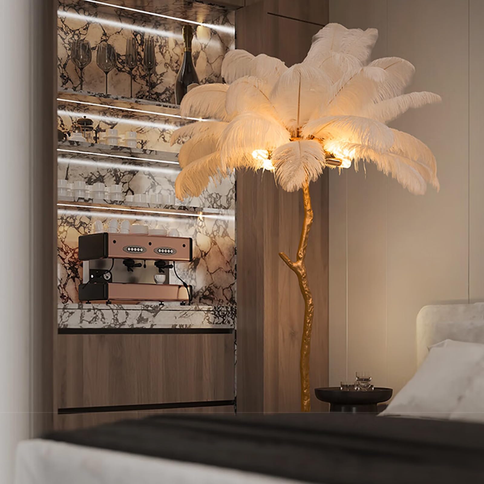 Jcgly Luxury Floor Lamp with 35 PCS Natural Ostrich Feathers, Tall Floor Lamps for Living Room/Bedroom/Office, 3 Color Temperature, Golden Standing Pole, Foot Switch(White,39