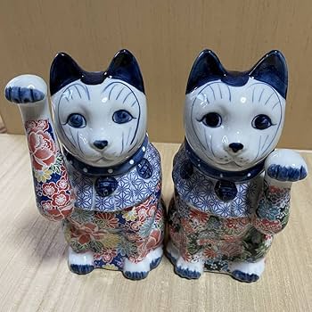 【瀬戸焼】友禅磁器招き猫　小　(左右セット) Amazon.co.jp: 招き猫 瀬戸焼 染付猫 一対 友禅磁器招き猫 開運 縁起物