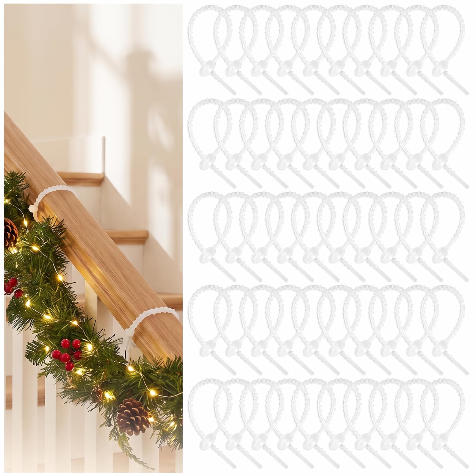 50Pcs Clear Garland Ties for Christmas Banister Mantel Garland Hanger, 8in