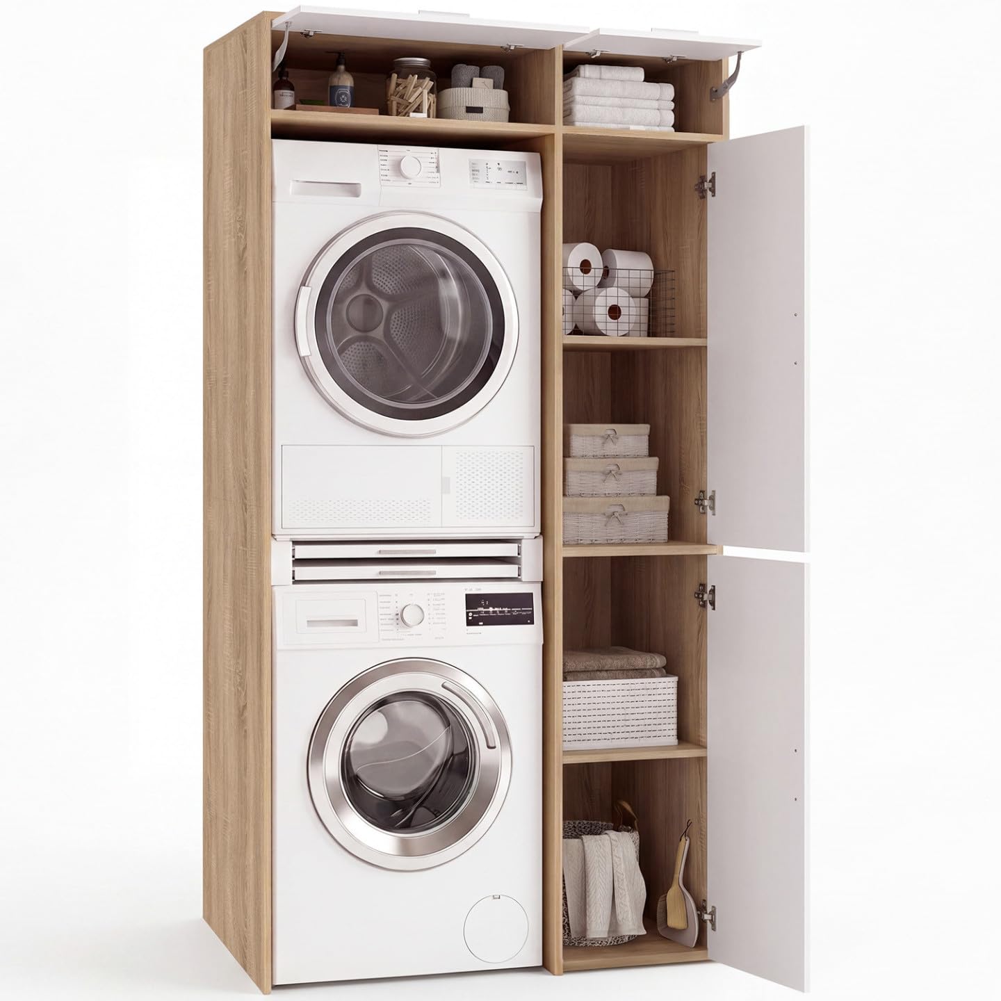 IDMarket Wallis - Mueble de lavandería, lavadora y secadora, con armario de almacenamiento, madera y blanco