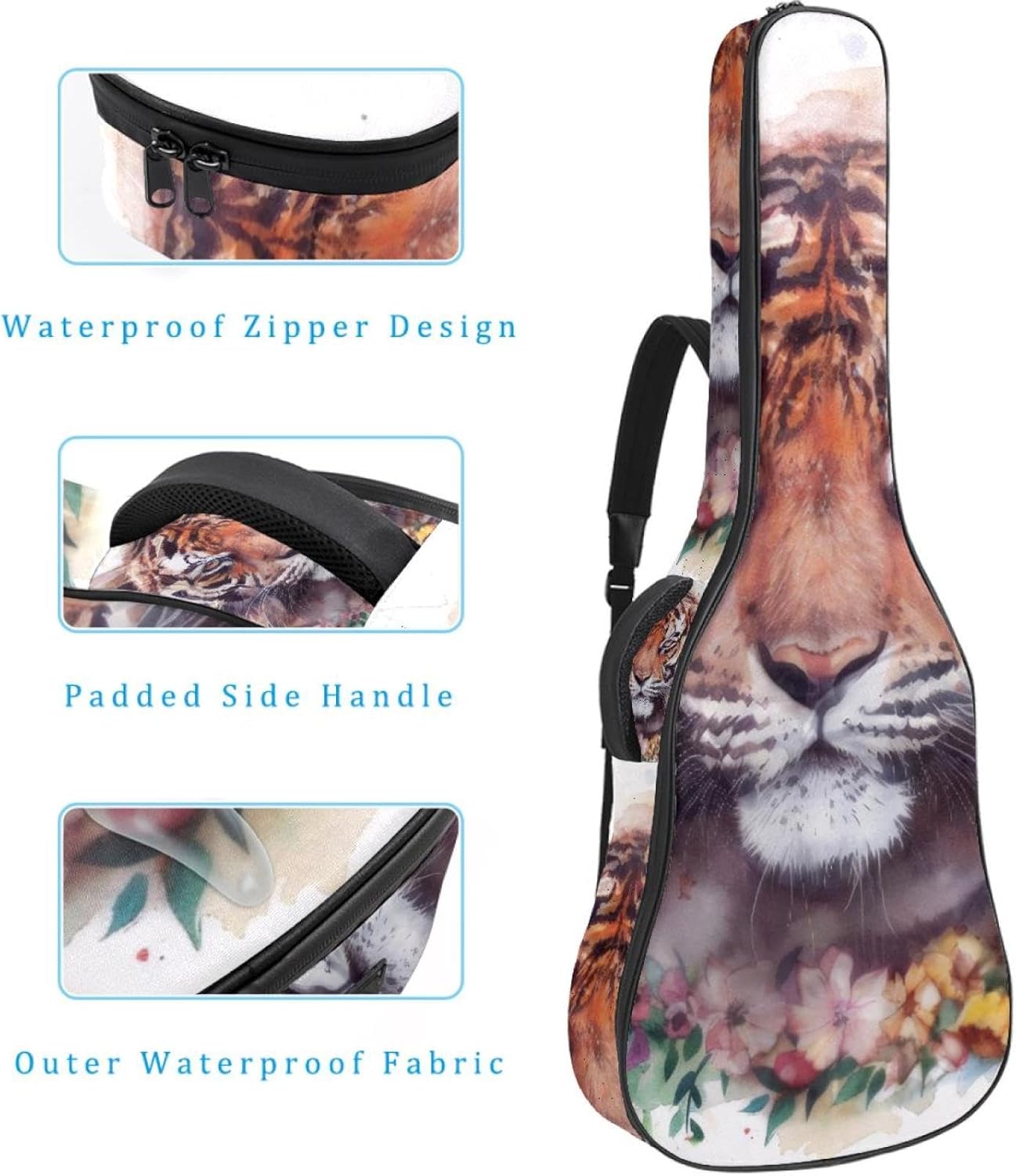 Acoustic Guitar Bag 0.4 Inch Thick Padding Waterproof Guitar Case Gig Bag for 40 41 42 Inch Electric Bass Classical Guitar, Animal Tiger with a Wreath of Flowers