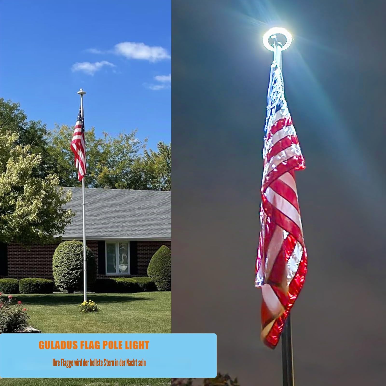 Solar-Fahnenmast der 2. Generation, 60 LEDs, superhelles Fahnenmast-Solarlicht, 30 % heller, IP65 wasserdicht, für 3.8 bis 7.5 m Boden-Teleskop-Fahnenstangen (Deluxe, silberfarben) )