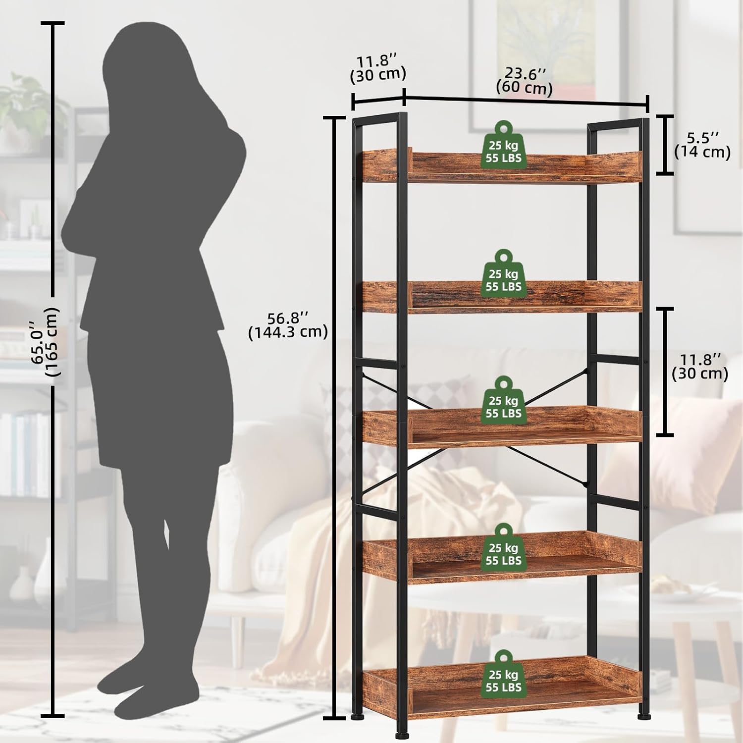 Somdot 5 Tier Bookshelf, Adjustable Industrial Bookcase, Vintage Storage Rack with Open Shelves, Standing Bookshelves Display Rack for Living Room, Bedroom, Home Office, Wood Grain Print