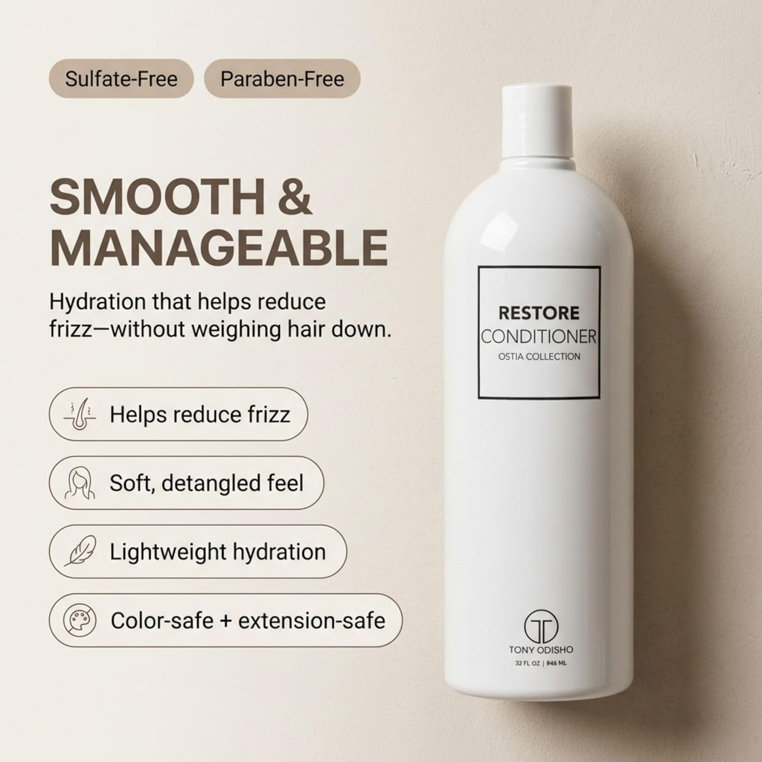 Ostia Restore Conditioner – Moisturizing Conditioner for Dry, Frizz & Color Treated Hair – Hydrating Formula for Thick, Fine & Colored Hair– Adds Softness, Strength & Shine – 32oz / 946 ml