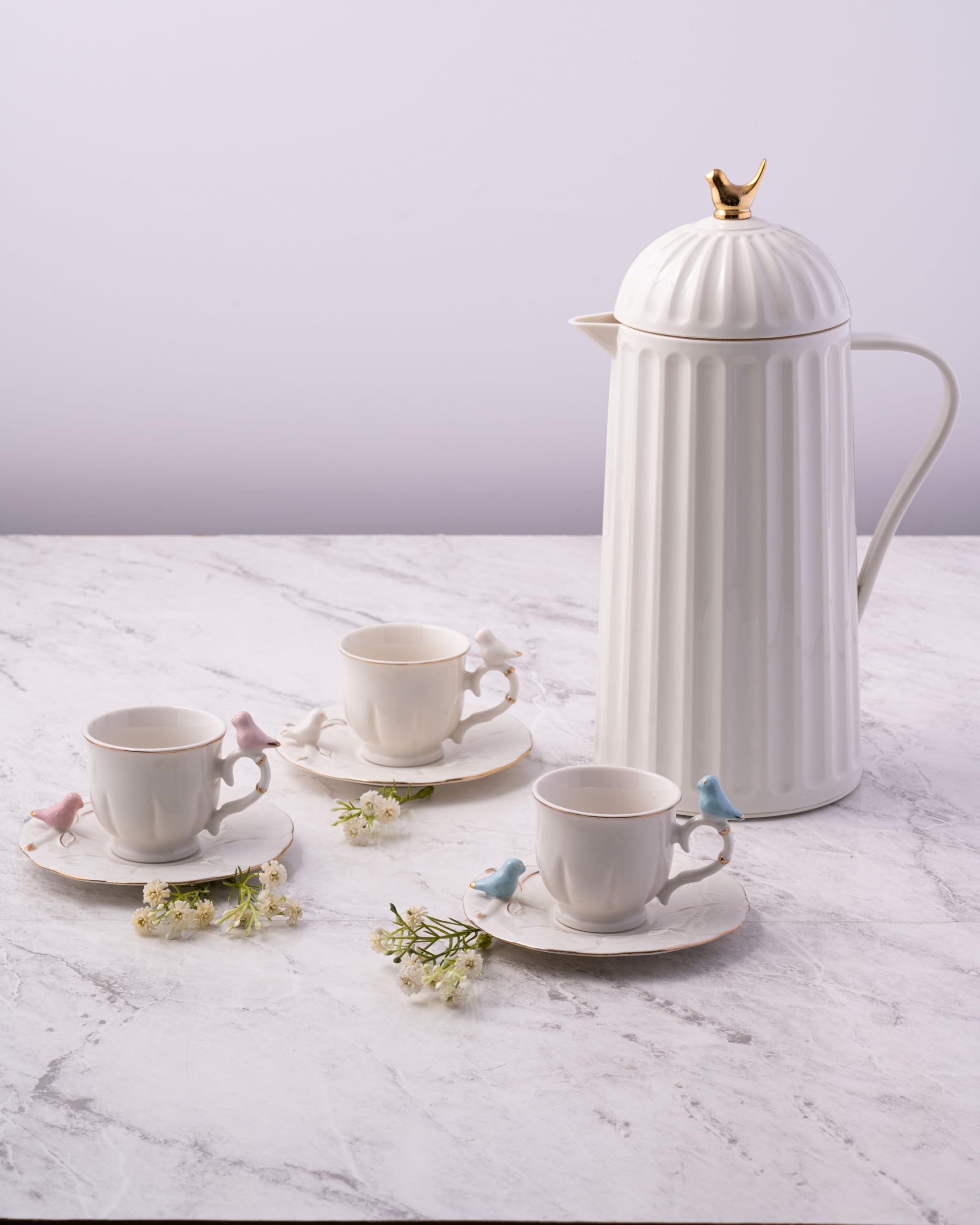 WOLFF White Bird Thermo-Kaffeekaraffe, außen aus Kunststoff mit Glasfutter, isolierter Getränkespender für heiße und kalte Getränke, Thermosflasche für Tee, Wasserkrug – Weiß, 1 l
