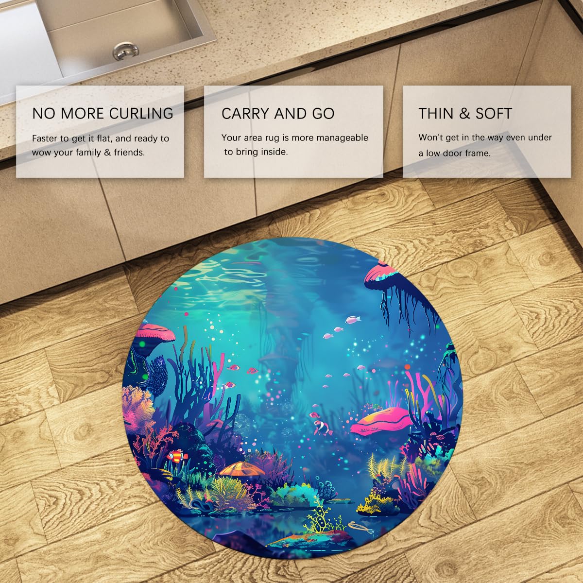 Blaue runde Teppiche 100cm Cartoon Unterwasser Korallen Fisch Szenerie Abwaschbarer Rutschfester Rücken mit niedrigem Florwurf Kreis Teppich für das Bett des Gästezimmers
