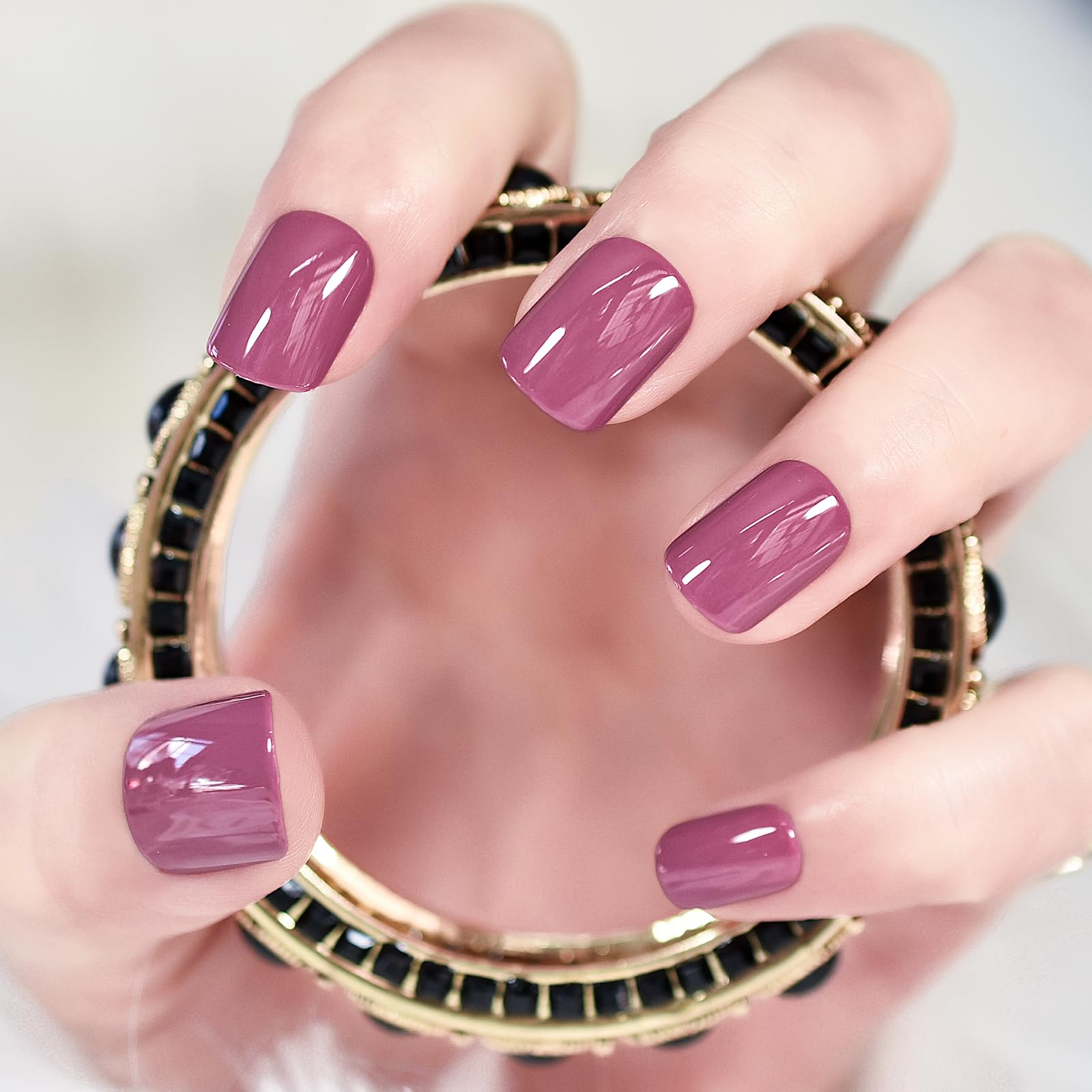 Soft Gel Rose Pink Press on Nails - iBeautying False Nails - Glossy Finish Finger Daily Wear Nail - Medium-short Square Acrylic Reusable Fake Nails