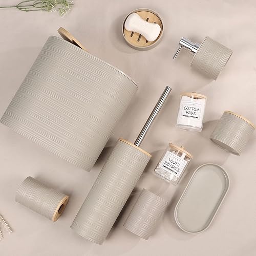 Miniatura 2 de IMAVO Juego de accesorios de baño, 11 piezas, color beige, con basura, dispensador de jabón, jabonera, soporte para cepillos de dientes, taza para