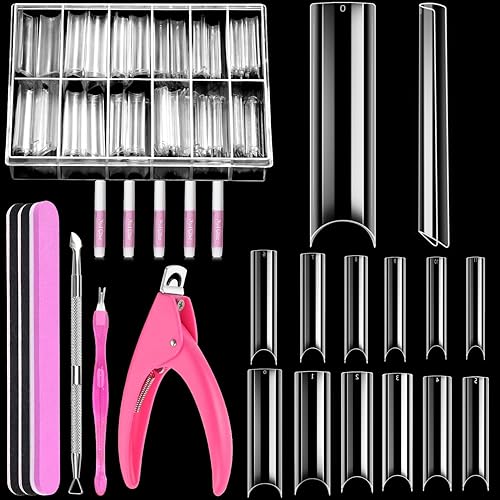 MORGLES Clear Tapered Square Nail Tips, 240 Pcs XXL Extra Long Straight C Curve Nail Tips 12 Sizes Half Cover French Clear for Acrylic Home DIY with Box