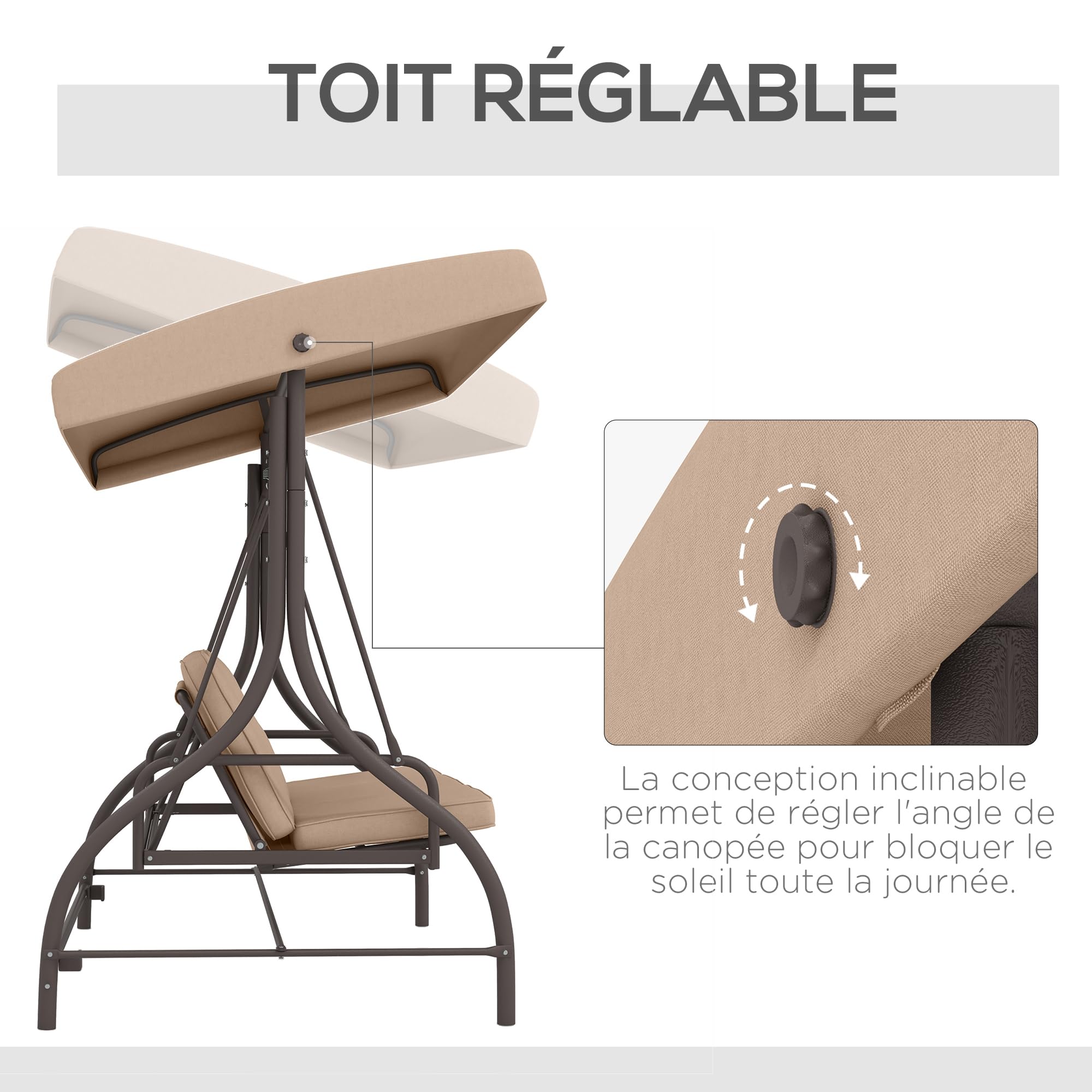 Outsunny Balancelle de Jardin Convertible 3 Places Grand Confort avec Coussins Toit réglable dim. 197L x 120l x 180H cm métal Polyester Kaki