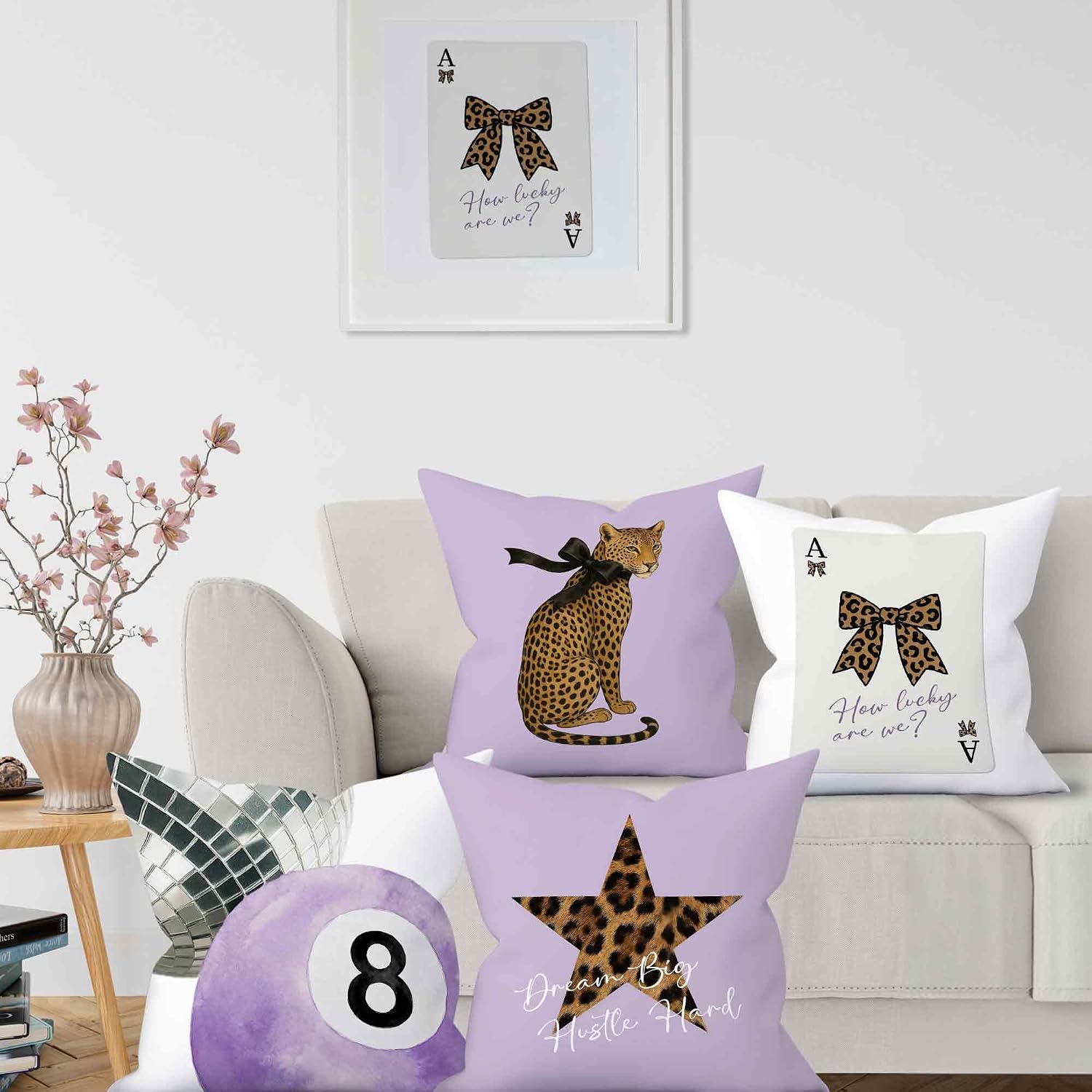 Purple Preppy Cheetah Decorative Throw Pillow Covers Set of 4, Coquette Bow Leopard Lucky 8 Ball Pillows Cover for Girls Dorm, Trendy Pillow Cases Decor for Couch Bedroom Girly Room 18x18in image 3