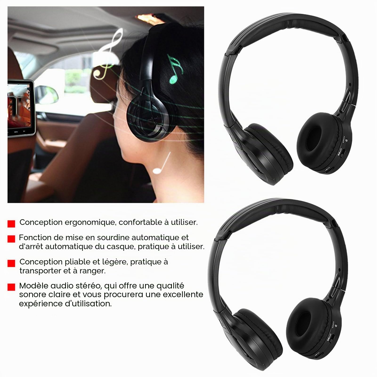 Casque stéréo Infrarouge sans Fil 2 canaux pour lecteurs DVD d'appui-tête de Voiture – Pliable, léger, arrêt Automatique, Design Ergonomique