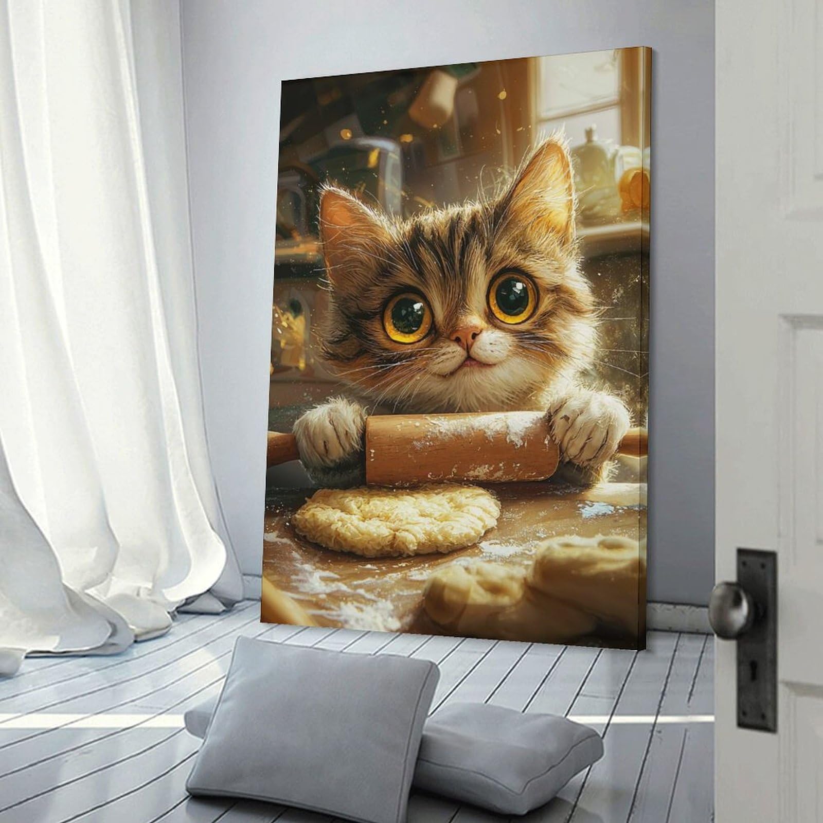 Junmoney Frame-Style-19 Cute Cat Baking Room Decor Wall Art 24X36inch(60X90cm), For Entrance Walls, Hall Decor Or Foyers, A Neat Decor Update For Hallways