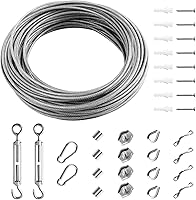 Vista 1 de Cuerda de alambre de 116 de 98 pies, 98.4 ft de acero inoxidable 304 tendederos, kit de tensor de alambre para colgar cuerdas, colgar alambre