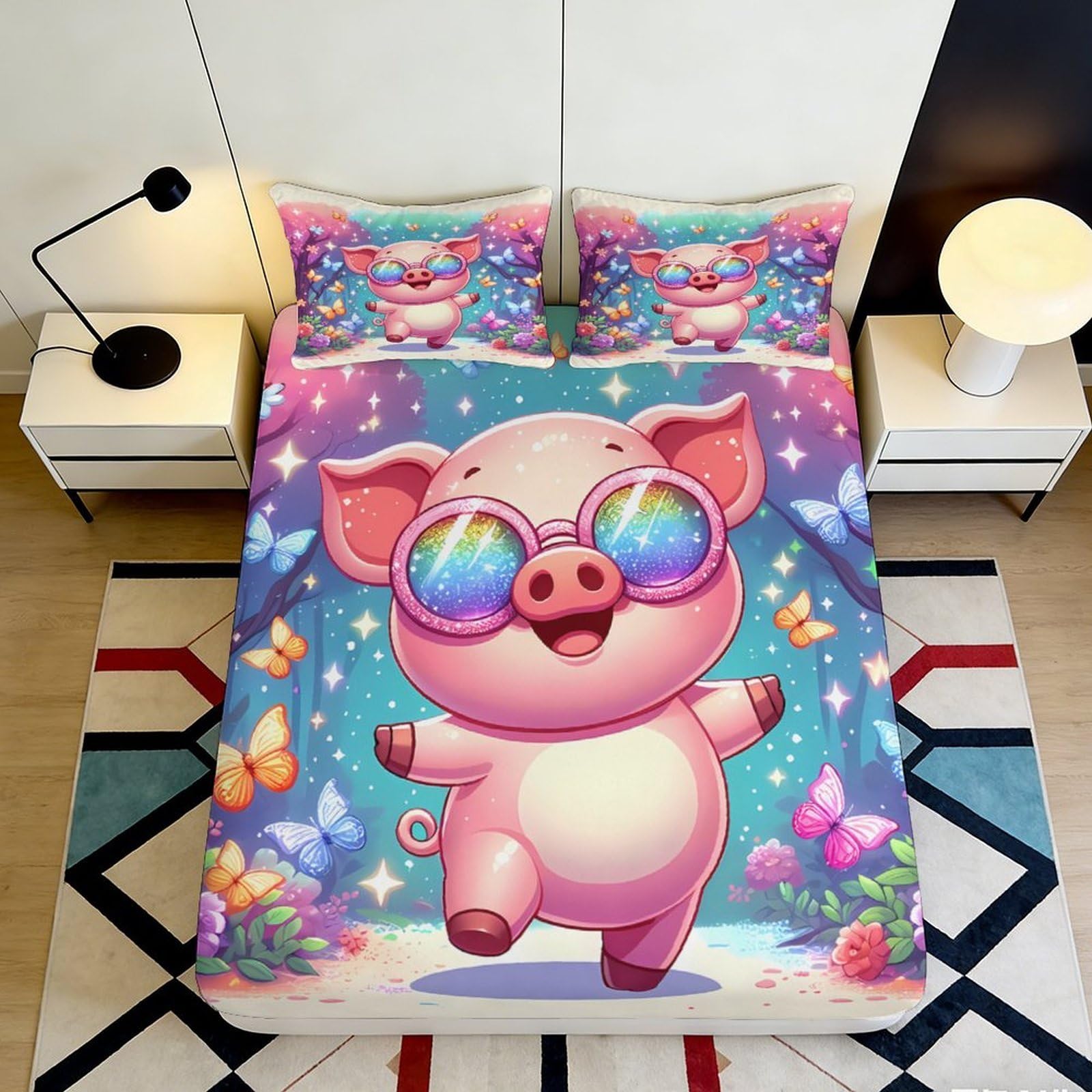 3D Printed Cartoon Pig Fitted Sheet Microfiber Soft Colorful Butterfly Bed Cover for Bedroom Guest Room Dorm Decor 90x200x25cm