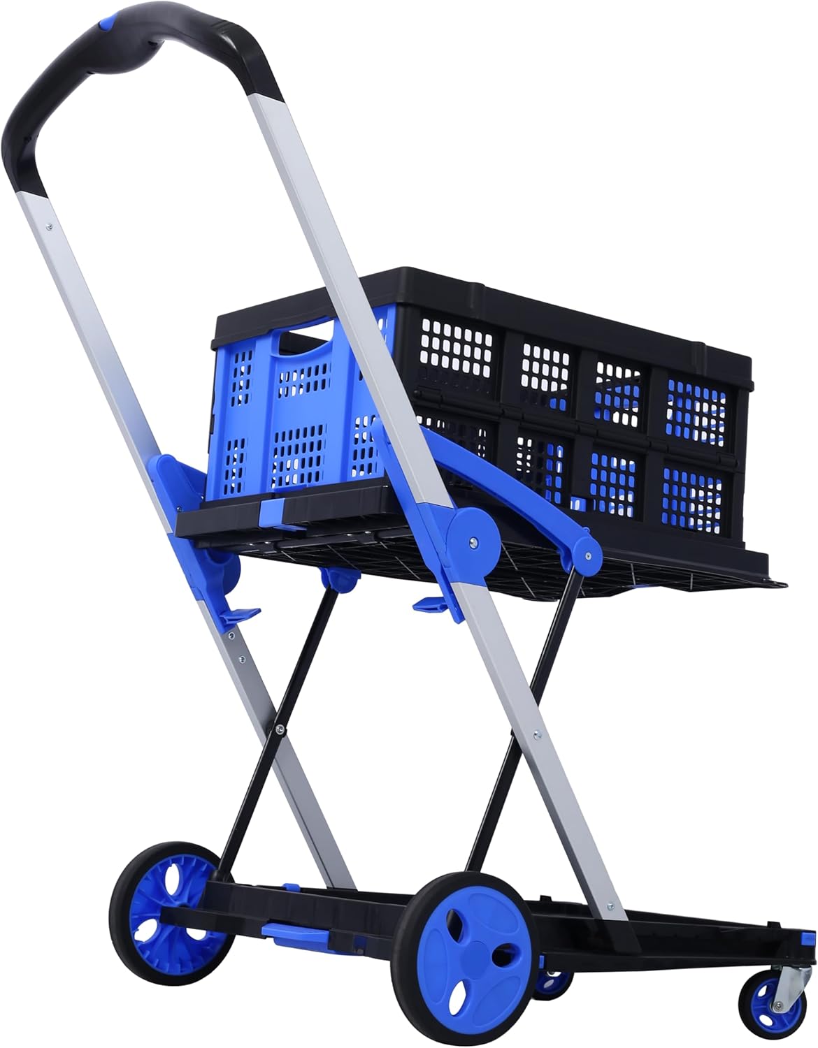 Collapsible 2-Tier Utility Cart with Basket, Heavy-Duty Folding Shopping Cart with 360° Swivel Wheels Foot Brake, Portable Grocery Trolley for Shopping, Travel, and Home Use (Blue)