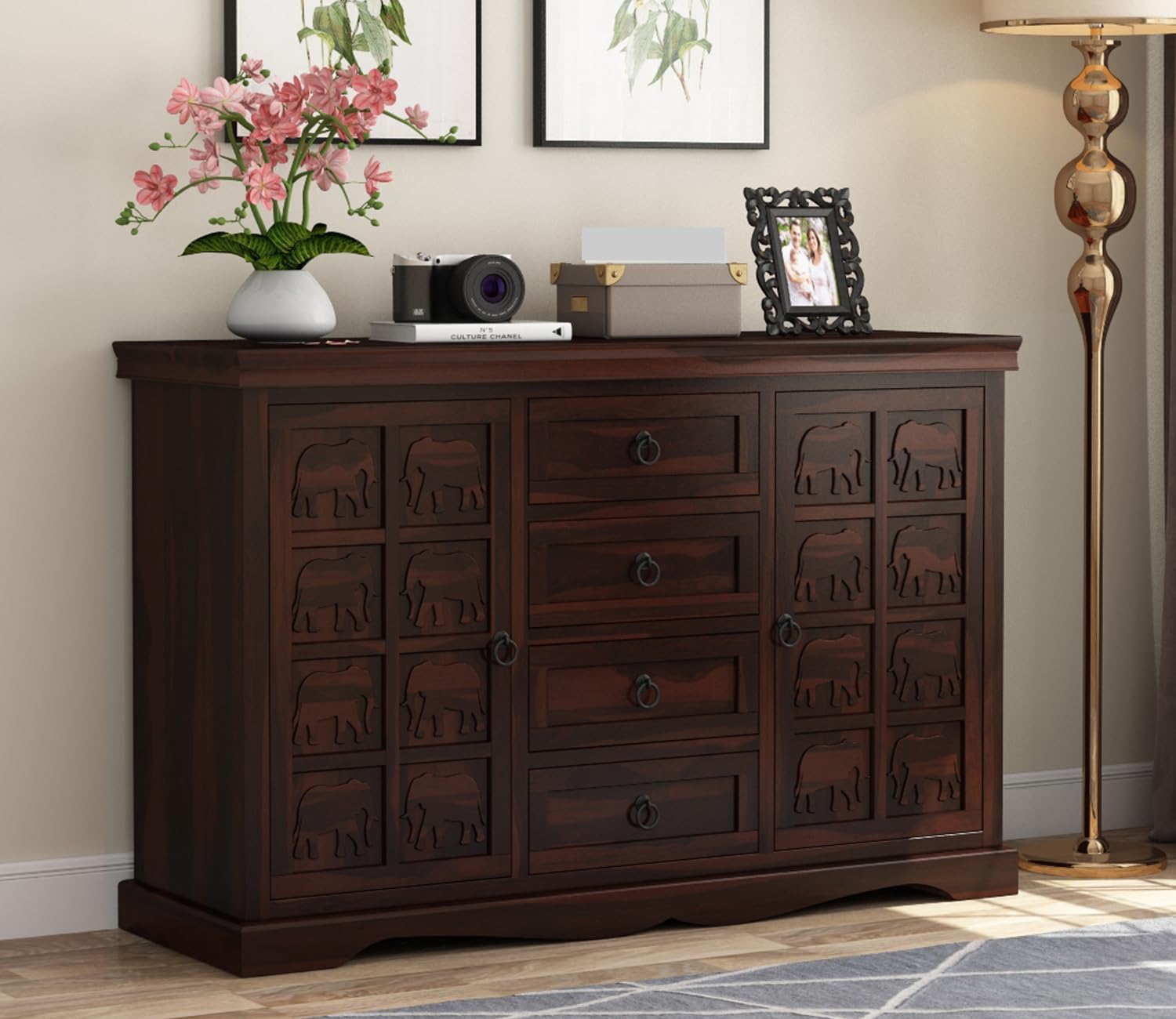 Sheesham Wooden Sideboard Cabinet for Living Room with 4 Drawer & 4 Shelves Storage Drawer Wooden Cabinet Solid Wood Sideboard Cabinet for Bedroom Furniture(Walnut Finish)-image-24