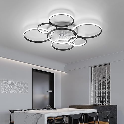 Miniatura 7 de Ventilador de techo moderno de 41 pulgadas con luces, ventilador de techo de montaje al ras con luz tricolor y viento de 6 velocidades, ventiladores