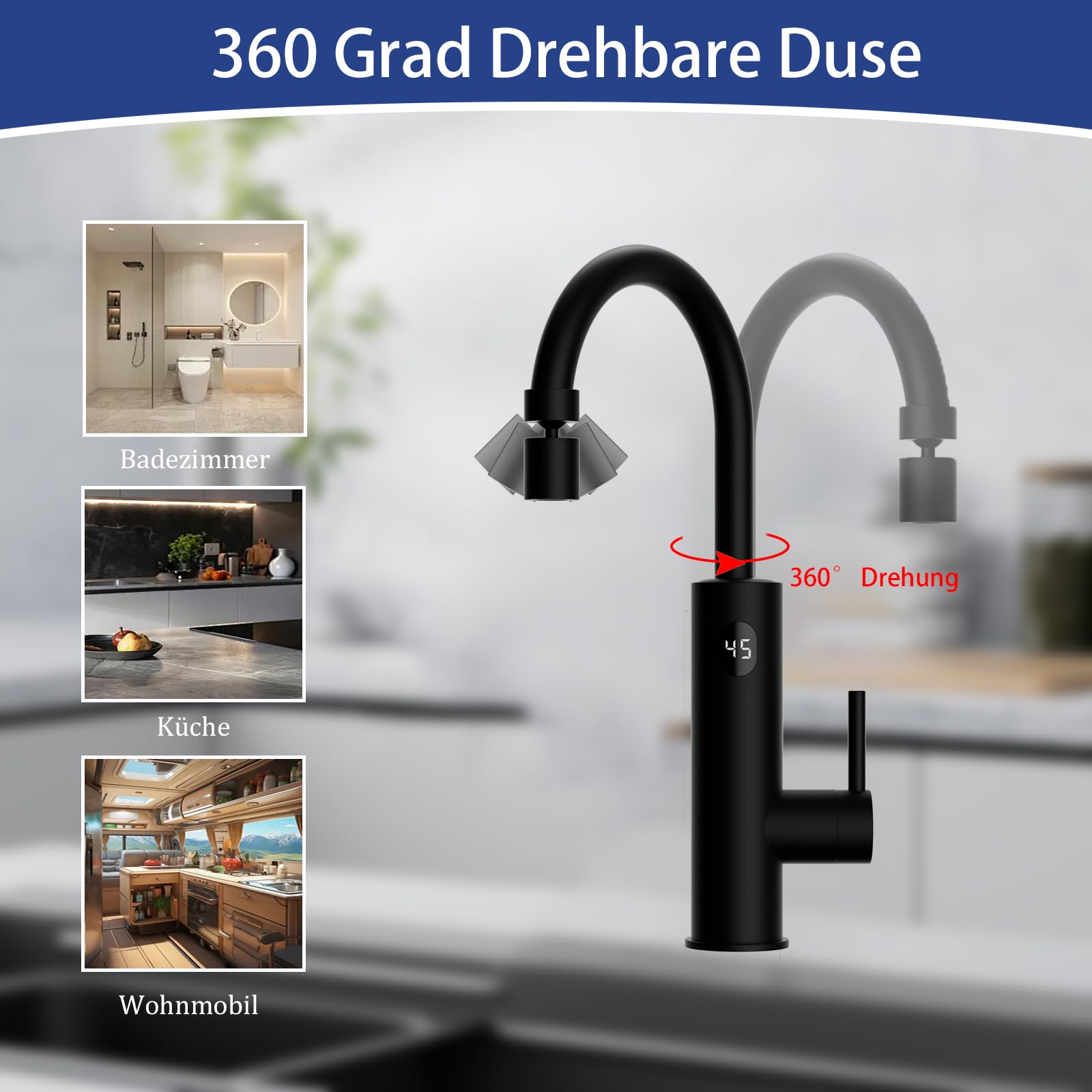 ESOP Wasserhahn mit Durchlauferhitzer, Elektrischer Wasserhahn 2 Modus | 220V 3200W Küchenarmatur mit LED Display, 360º Drehbar Auslauf, 304 Edelstahl Wasserhahn Elektrisch für Küche, Schwarz