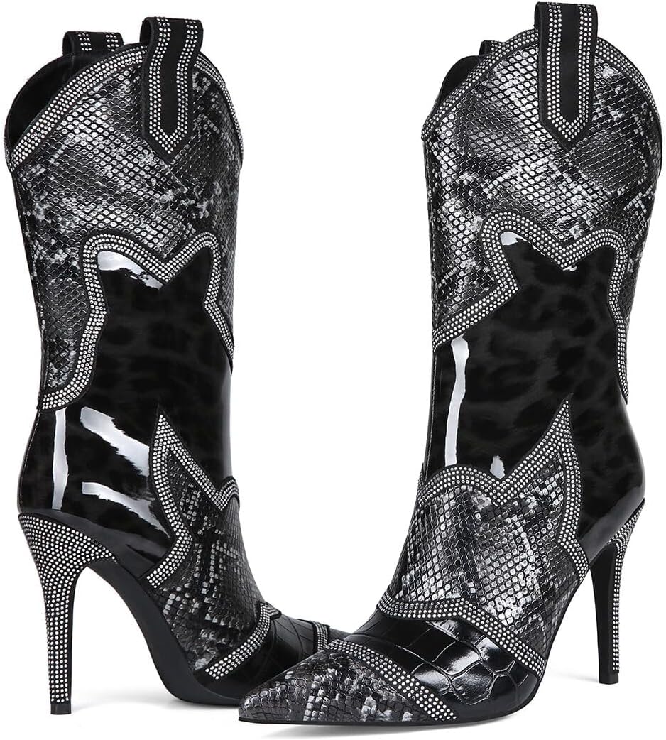 Feinlina Women's Snakeskin Pointed Toe Booties Stiletto High Heel Fashion Rhinestone Mid-calf Boots for Clubs