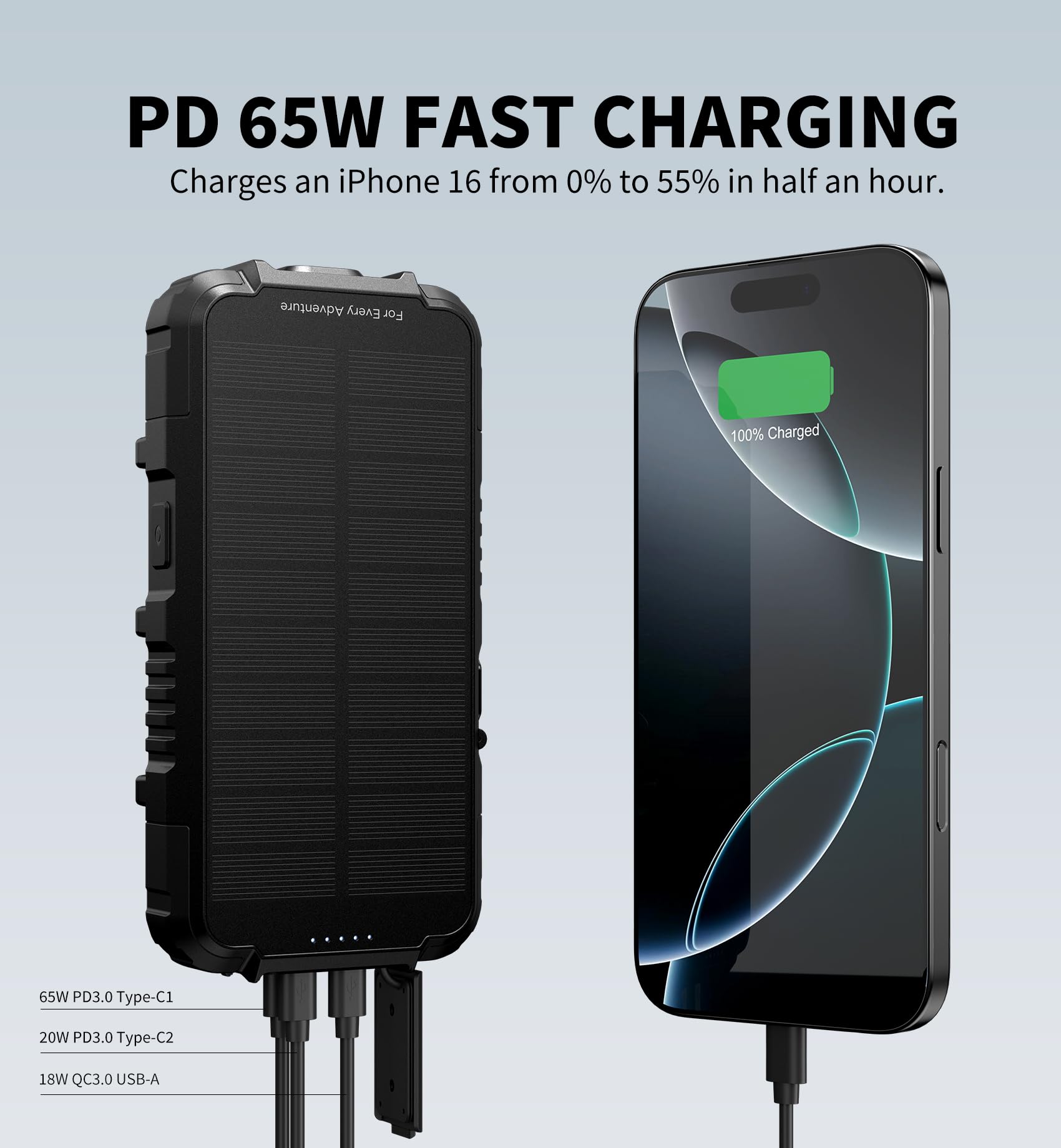 Dexnor Solar Powerbank 27.000 mAh mit 65W PD3.0 & QC3.0 Schnellladung, Tragbarer Externer Akku mit Wireless Charging, Taschenlampe und Karabiner - Kompatibel mit MagSafe & Qi