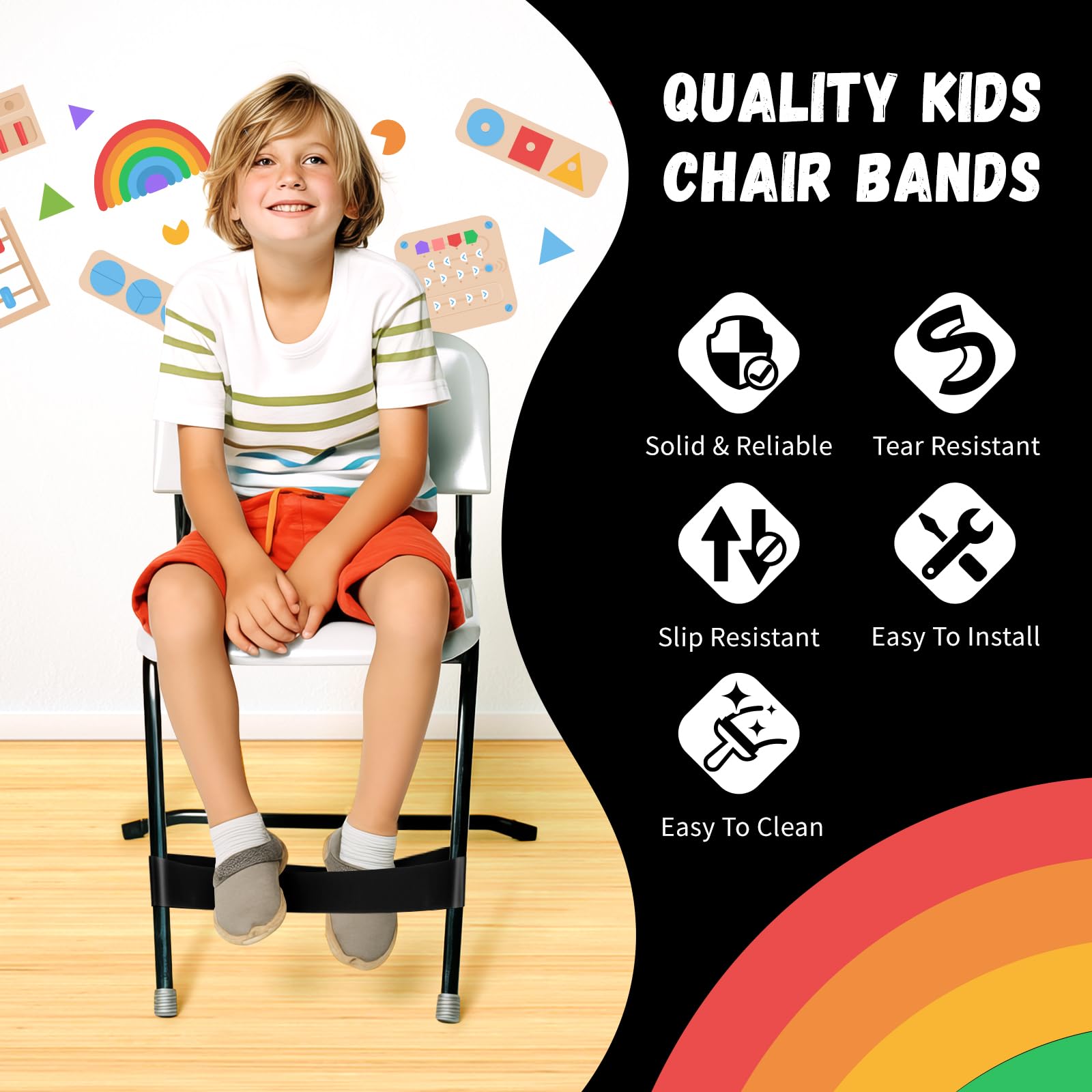 WNSIRVY 16 Pack Chair Bands for Kids with Fidgety Feet, ADHD Tools for Kids, Improve Focus & Reduce Restlessness, Chair Bands for Sensory ADHD ADD Autism - Classroom & Home Must Haves (Black) - Image 3