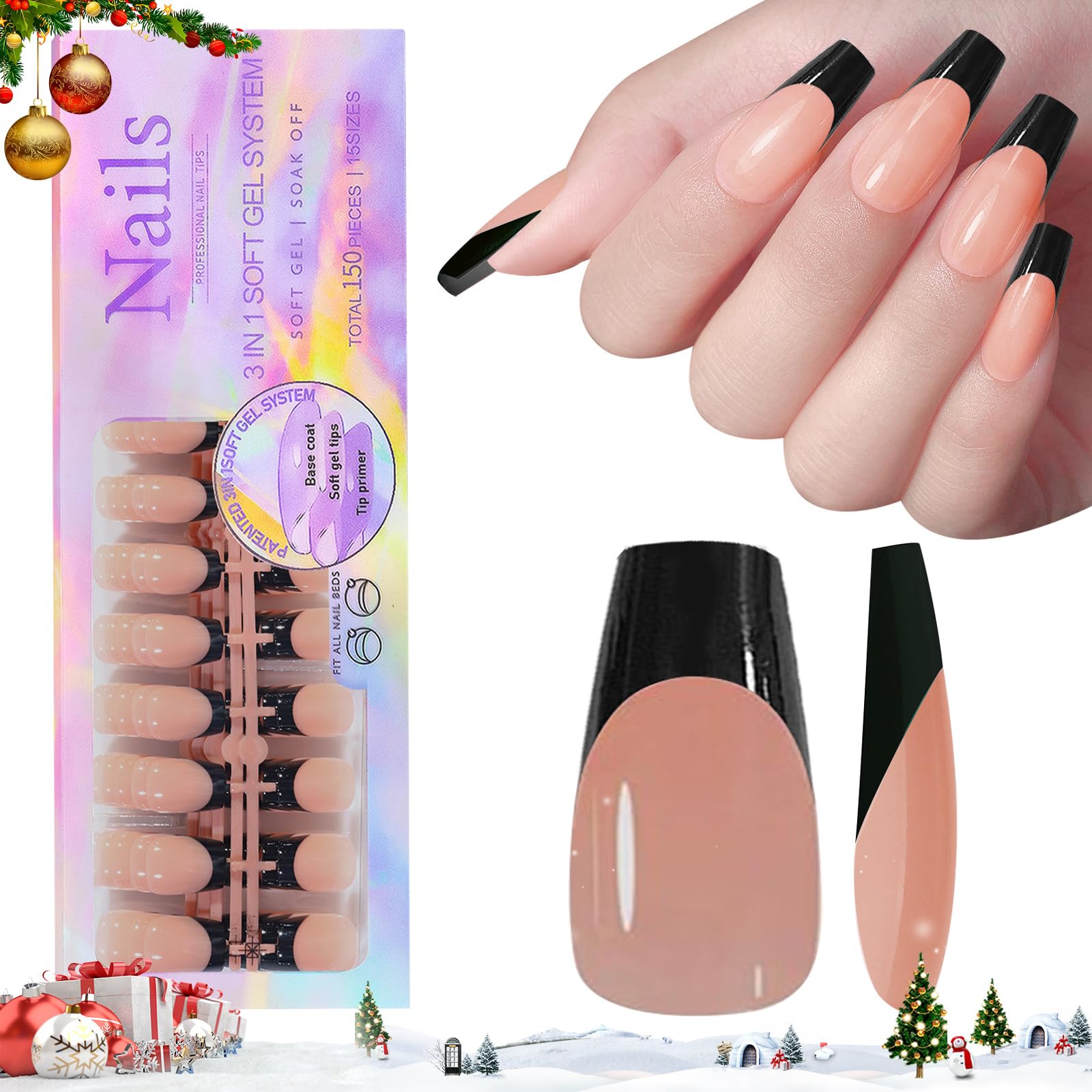 French Gel Nail Tips, 150pcs Medium Coffin Press on Soft Gel Fake Nails, 3 in 1 X-coat Pre-Applied Tip Primer & Base Coat