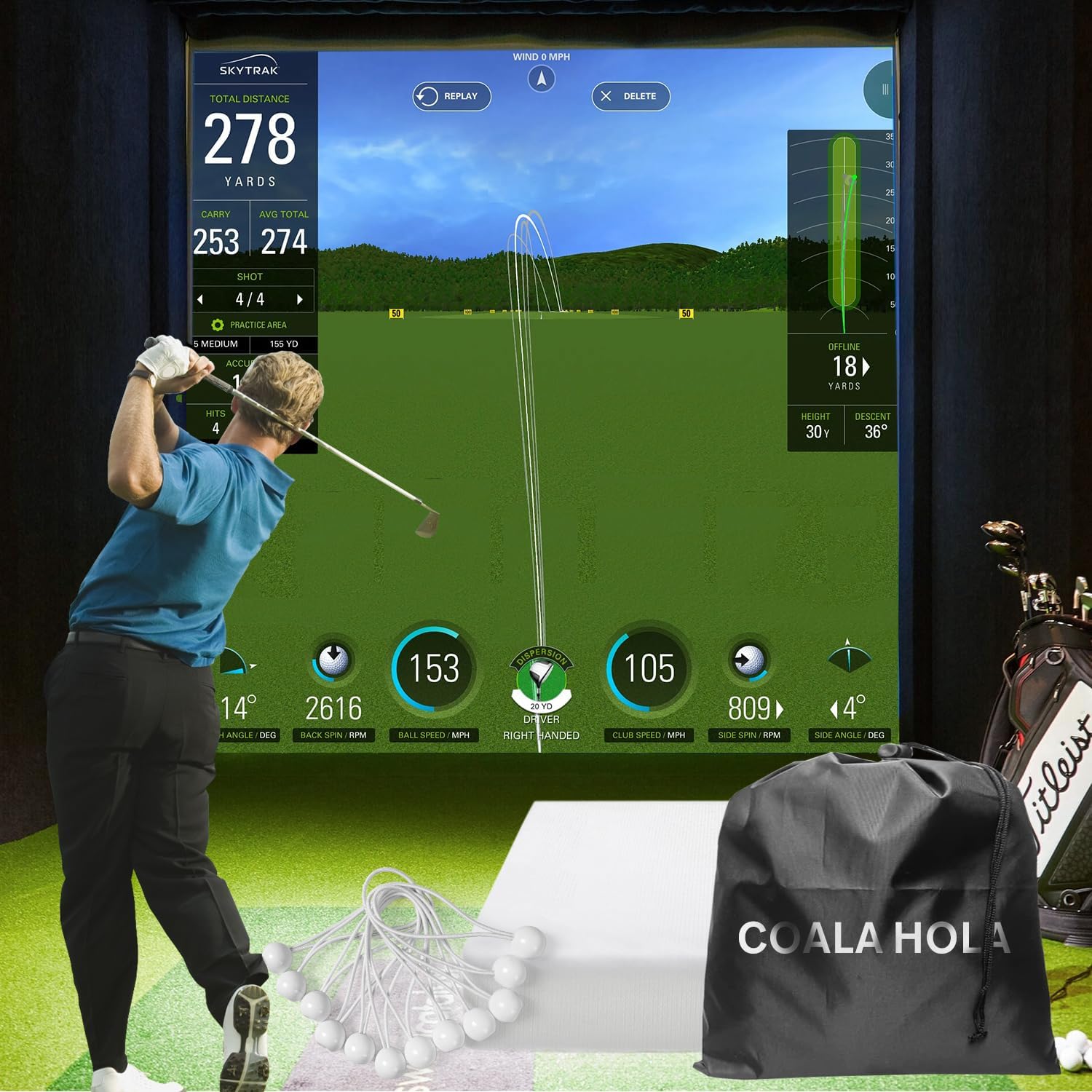 COALA HOLA 3d-buckle Golf Simulator Impact Screen, Polyester, White, 78*118 inches