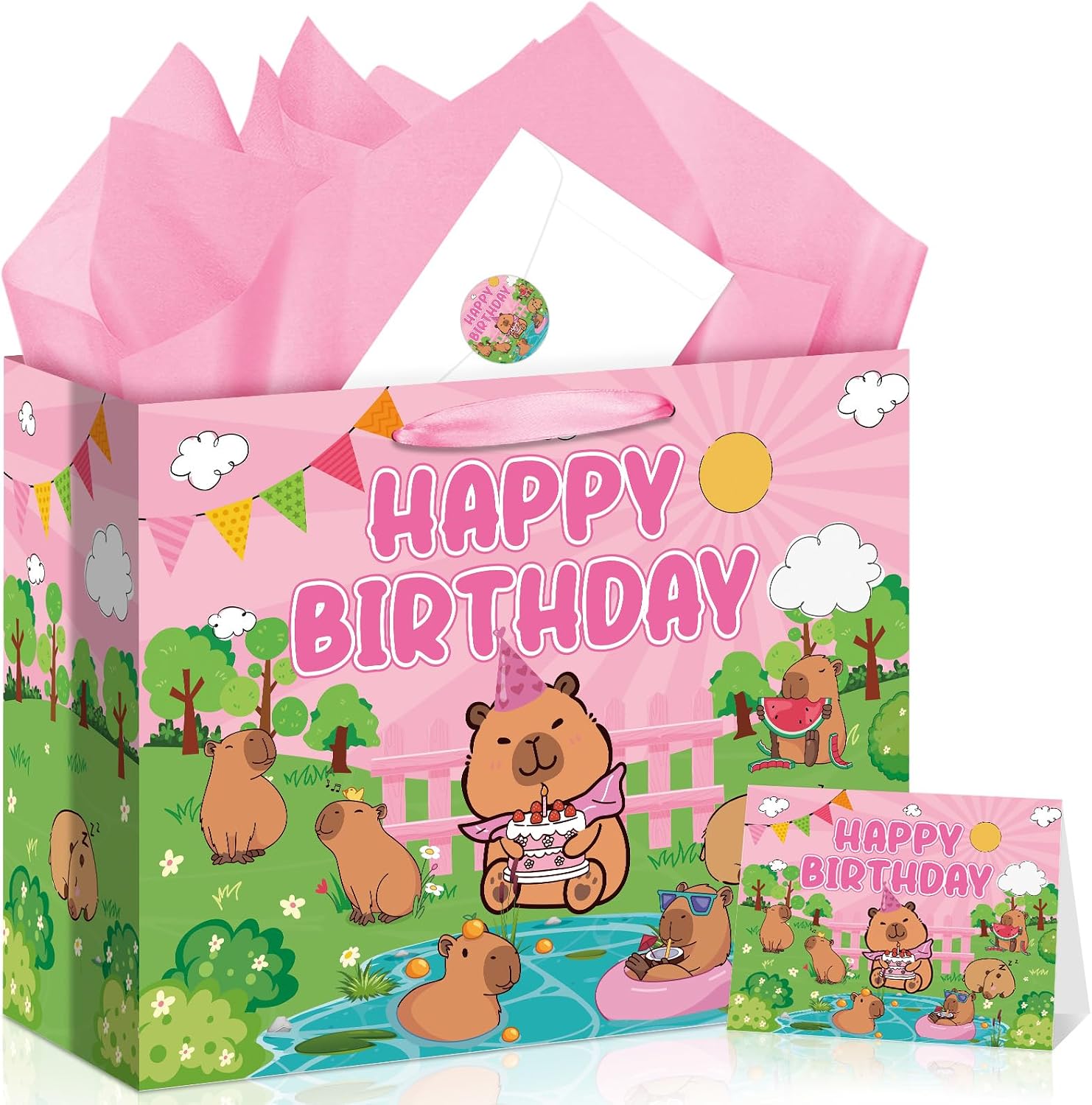 Allparty Pink Capybara Gift Bag Capybara Birthday Bag for Girls with Wrapping Paper Card Sticker Envelope Cute Animal Capy Birthday Gifts Party Decorations Goodies Bag Baby Shower Party Favors