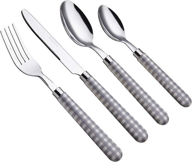 EXZACT Cutlery Set of 24, Stainless Steel with Gingham Check Coloured Handles - 6 x Forks, 6 x Dinner Knives, 6 x Table Spoons, 6 x Tea Spoons(Grey x 24)