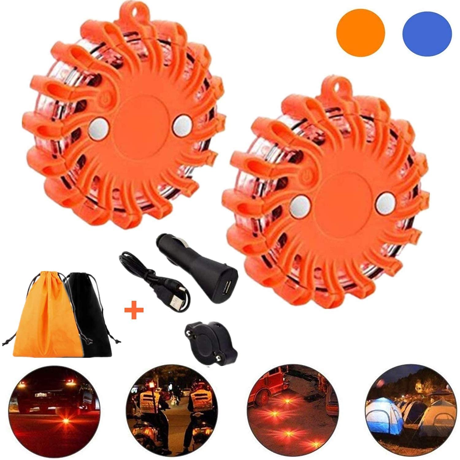 STARPIA Luces LED de Advertancia, 2pcs USB Recargable para Coche Emergencia LUZ Estroboscópica con Base Magnética&Bolsa (ámbar)
