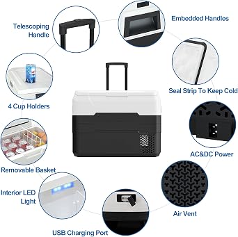 42.5 Quarts Electric Car Refrigerator Freezer AC/DC Compressor Cooler -4F To 50F Portable Car Fridge w/Telescopic Handle & Wheels for Car RV Truck Vehicle Travel Outdoor Camping Boating Fishing