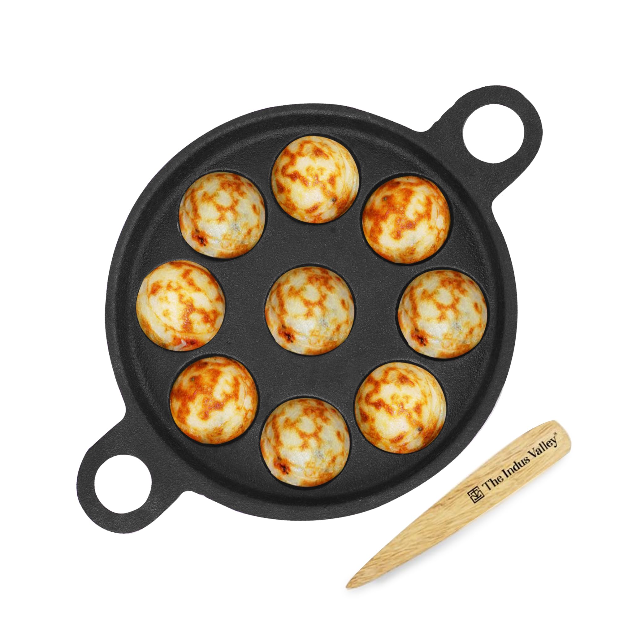 The Indus Valley Super Smooth Cast Iron Paniyaram Pan With Free Wooden Picker|9Pit,8.2 Inch/20.8Cm,2.7Kg|Induction Friendly|Pre-Seasoned Paddu Pan,100% Pure&Toxin-Free,No Chemical Coating,Black