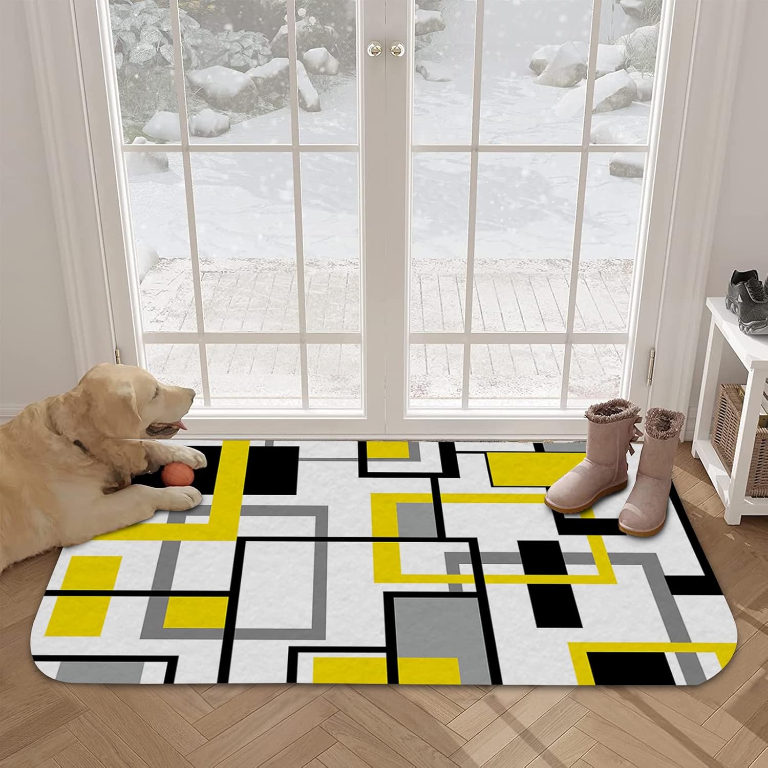 Welcome Doormat,Yellow Black Gray Block Frame White Absorbent Non Slip Bath Rug,Middle Ages Art Washable Carpet for Kitchen Bathroom Front Door Entryway Decor 24x35In