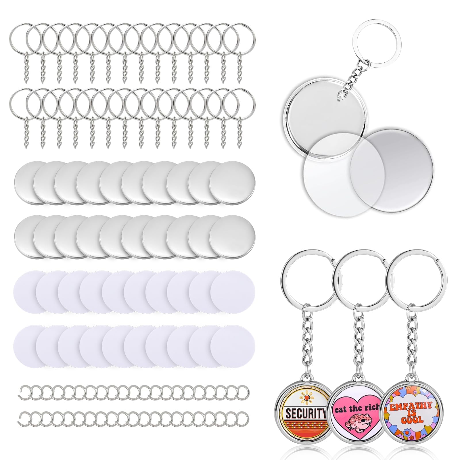 Badge Maker Consumables 50 Sets 25 mm Double-Sided Key Chain Making Supplies for Badge Maker Machine, Including Metal Ring, Key Holder, Metal Shell, Metal Back Cover & Plastic Film(Metal Key Ring, 25)